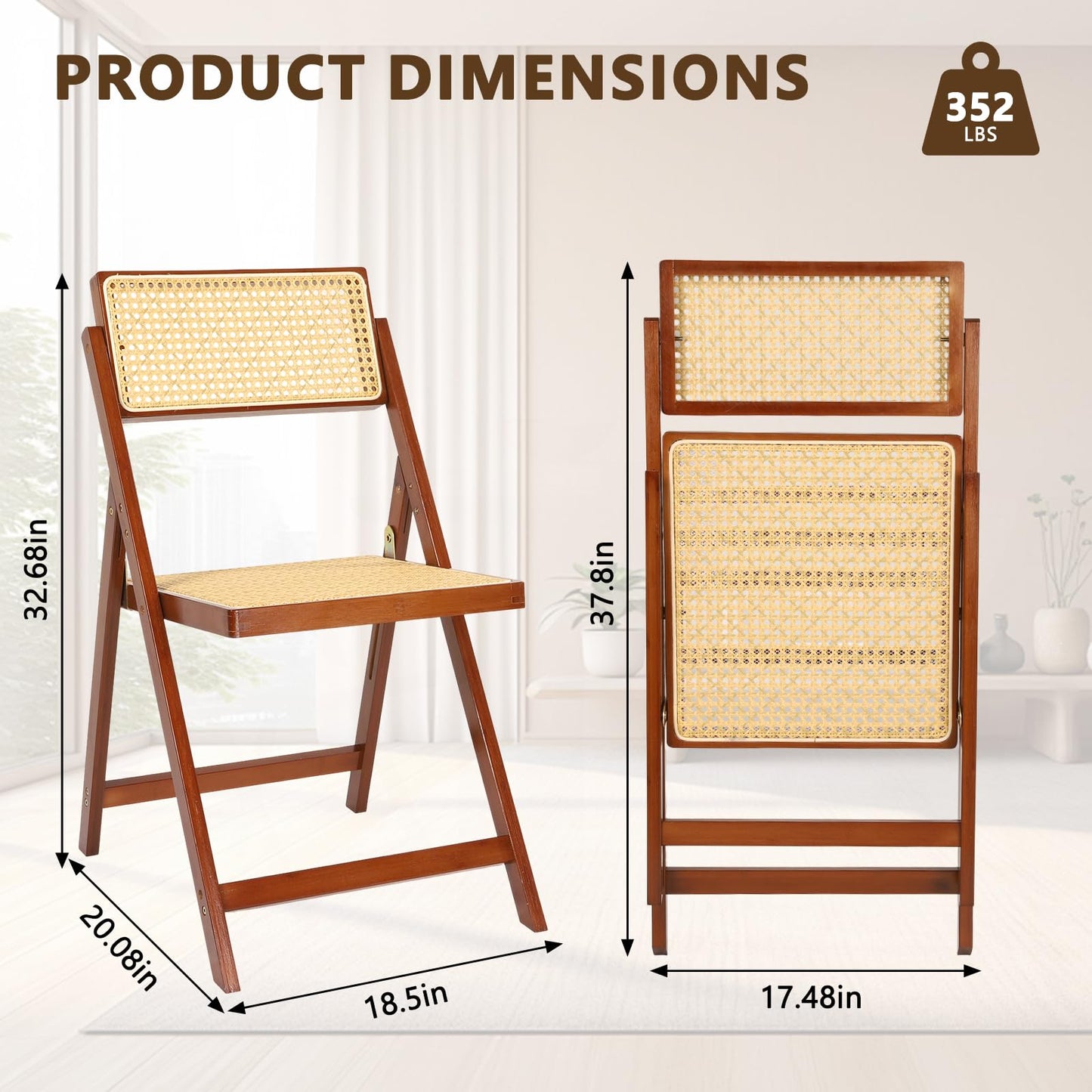 Rattan Dining Chairs,Mid-Century Modern Style Patio Dining Chairs,Rattan Dining Chairs with Adjustable Backrest,Natural Resin Rattan Chair,Suitable for Balcony,Porch,Deck,Backyard,Walnut,Set of 4