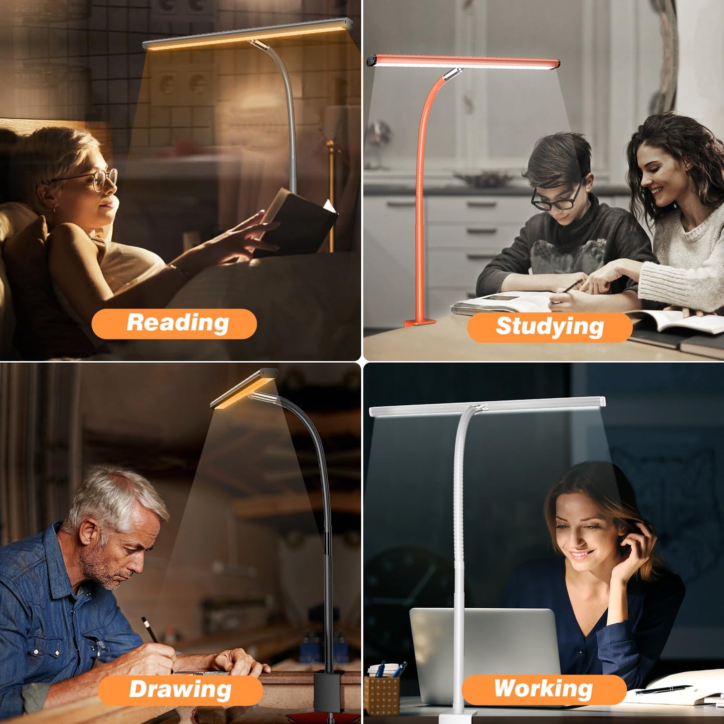 Airlonv LED Desk Lamp for Office Home, Eye-Caring Desk Light with Stepless Dimming Adjustable Flexible Gooseneck, 10W USB Adapter Desk Lamp with Clamp for Reading, Study, Workbench (Orange)