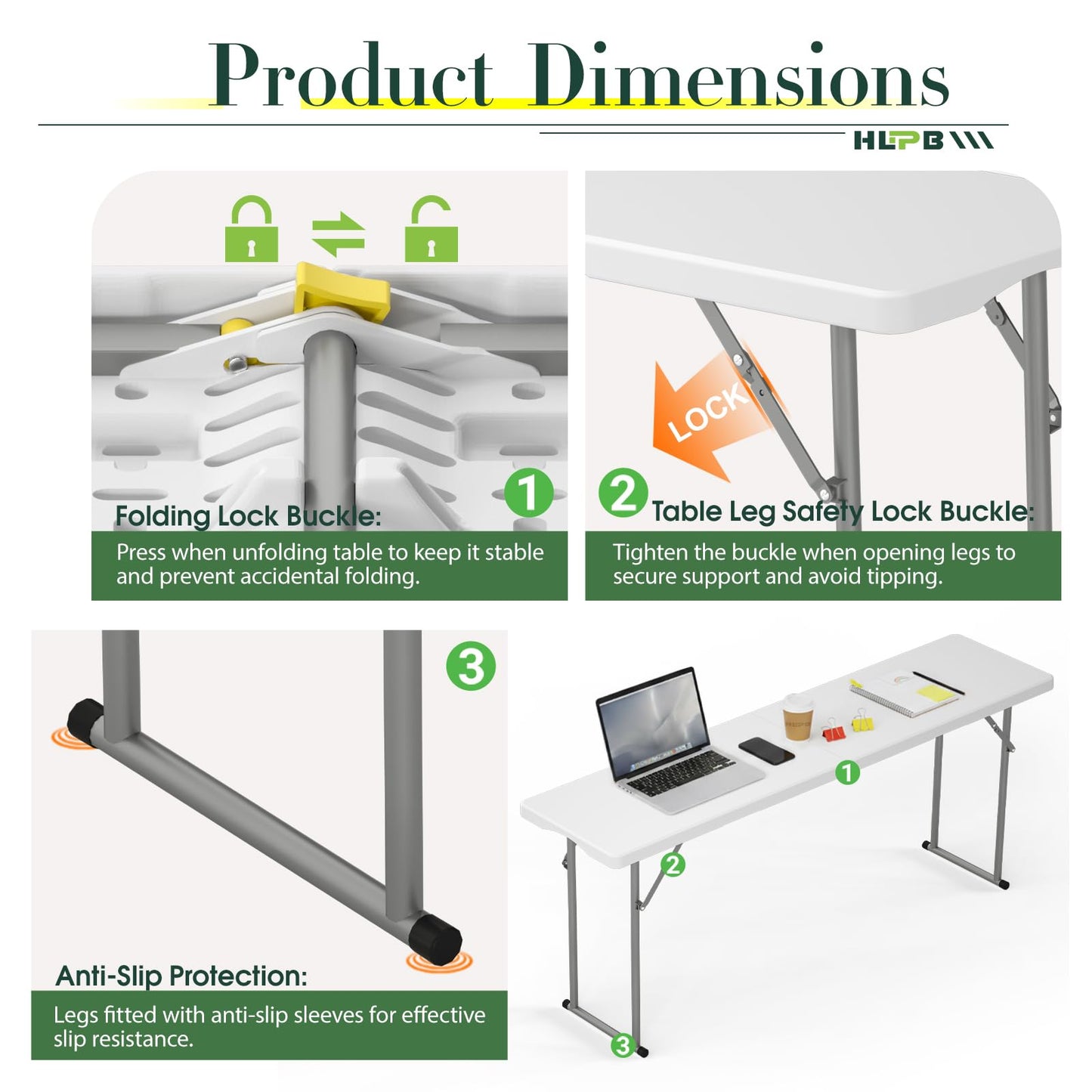 HLPB 6 FT Narrow Folding Table, Tabletop Fold-in-Half, Thickened HDPE Material and Thicker Metal Frame, Foldable with Handle & Safety Locks, Perfect for Meeting, Party, White