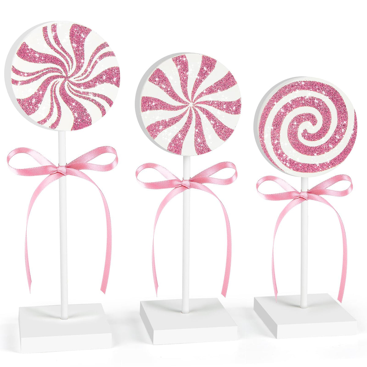 3 Pieces Christmas Table Decorations Wood Candy Set, Pink Christmas Tiered Tray Decor,Rustic Candy Table Decorations for Home Tables (Pink)
