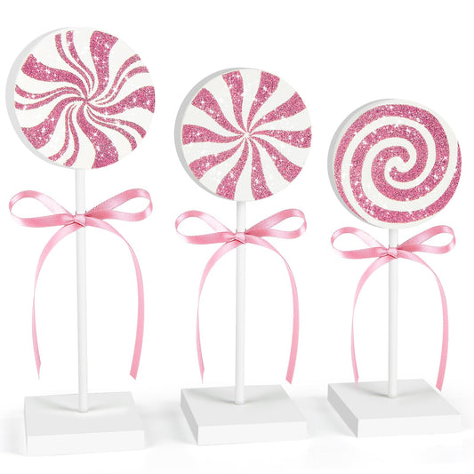 3 Pieces Christmas Table Decorations Wood Candy Set, Pink Christmas Tiered Tray Decor,Rustic Candy Table Decorations for Home Tables (Pink)