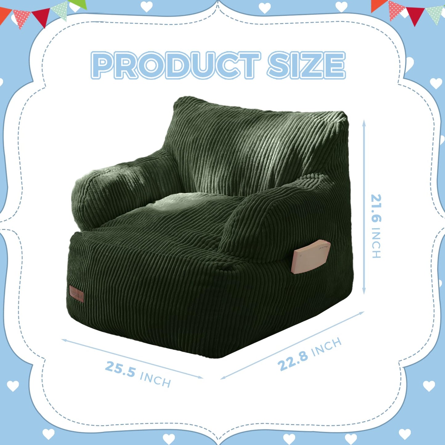MAXYOYO Kids Bean Bag Chair, Stuffed Toddler Bean Bag Sofa with Filler Cozy for Boys and Girls, Lazy Sofa with Pocket Floor Chair for Gaming, Reading, Dark Green