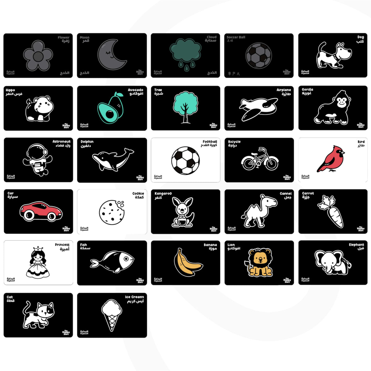 Happy Start High Contrast Baby Cards for Newborns - Black & White Cards, Water-Resistant, BPA-Free, Portable Educational Flashcards for Visual Stimulation, Award-Winning, Ages 0+ (English & Arabic)