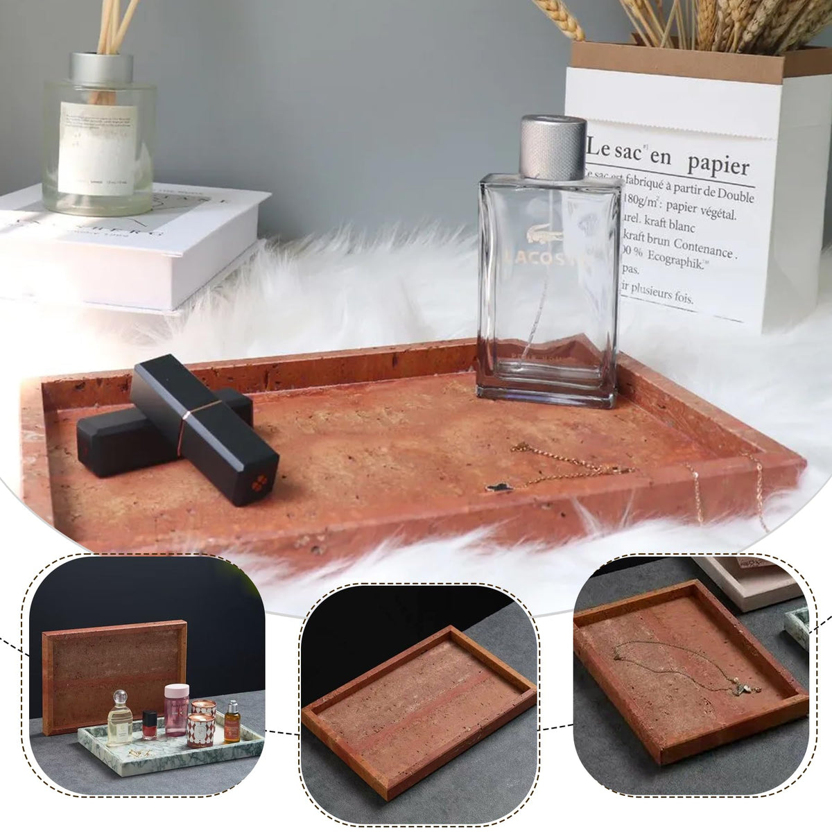 Natural Marble Tray, Stone Tray for Bedroom/Bathroom/Kitchen/Vanity Countertop, Jewelry Tray for Rings Earrings Necklace Bracelet Watch, Room Decor Aesthetic