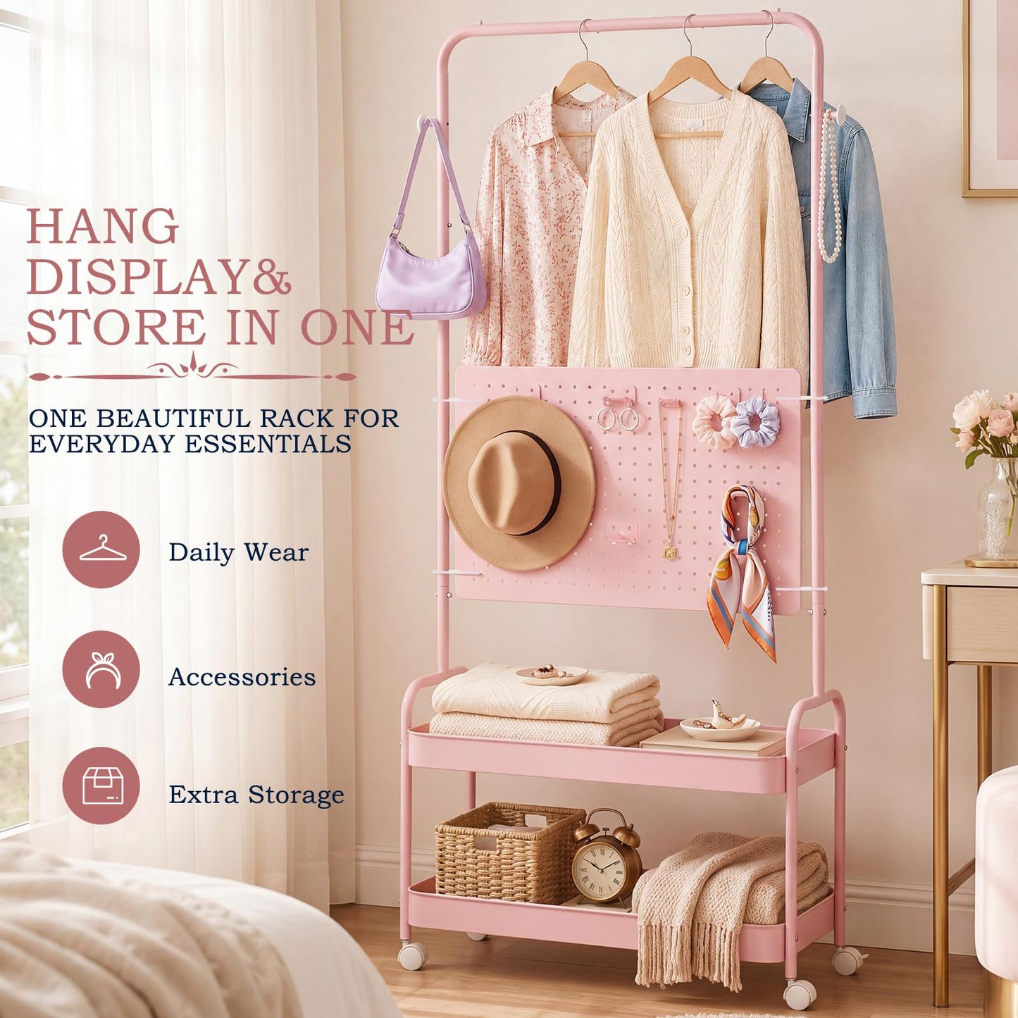Sintuff 2 Tiers Metal Clothing Rack Display Stand with Pegboard Panel, Pink Modern Garment Rack with Wheels 63 x 26 Inches Modern Garment Closet Organizer with 8 Hooks for Women Hanging Clothes