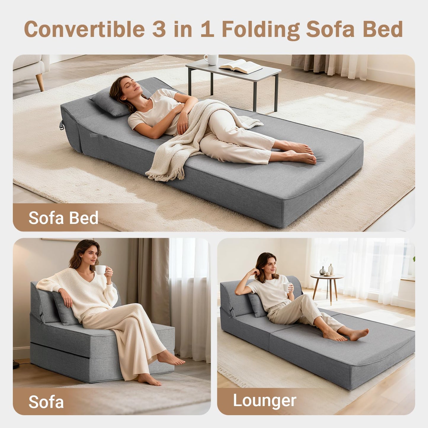 BeBen Folding Sofa Bed Chair, Convertible Sleeper Chair Futon Couch, Foldable Boneless Floor Lounge Sofa, Twin Foam Chair Bed for Small Spaces, Dorm, Guest Room, Living Room, Apartment, Dark Grey