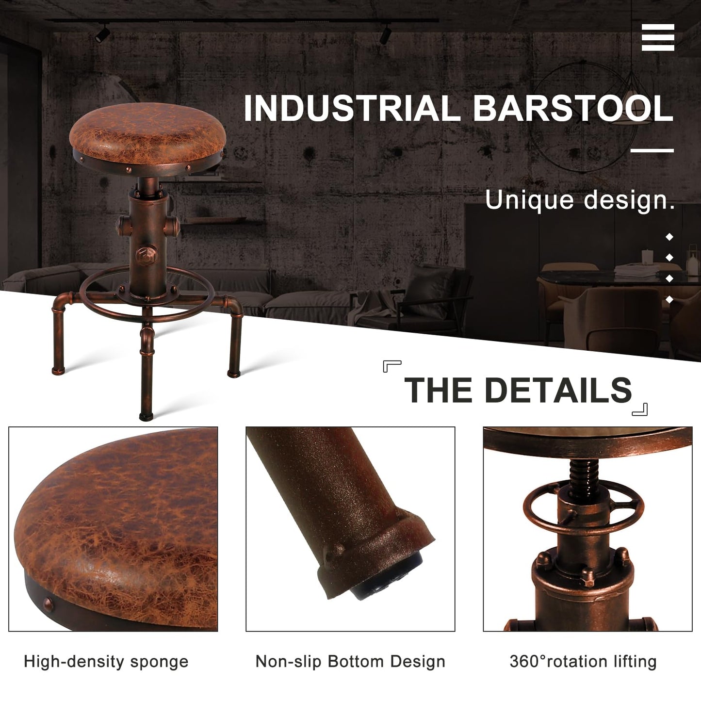 Topower Antique Vintage Industrial Barstool PU Leather Water Pipe Fire Hydrant Design Cafe Coffee Industrial Bar Stool Set of 2 Red Bronze