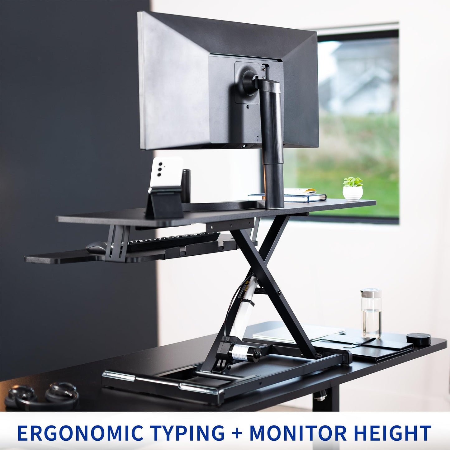 VIVO 36 inch Electric Motor Desk Converter, Height Adjustable Riser, Sit to Stand Dual Monitor and Laptop Workstation with Wide Keyboard Tray, Black, DESK-VE36B