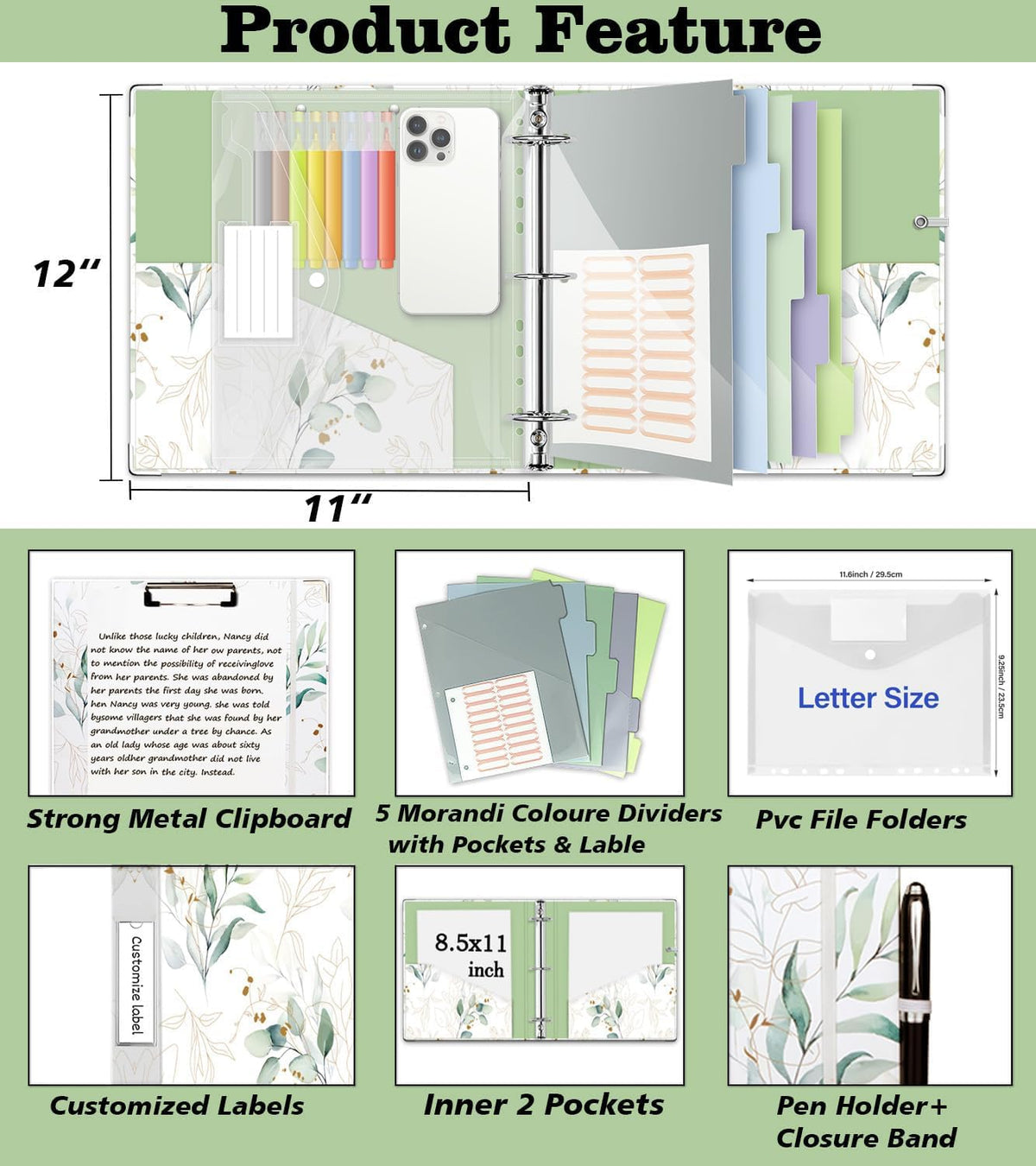 3 Ring Binder 2 Inch, Three Ring Binders Organizer with Clipboard, 5-Tabs Pockets Dividers, Plastic Folder, 18 Divider Stikers, KLLVE Cute Binder with Pen Loop (Leaves, Letter Size)
