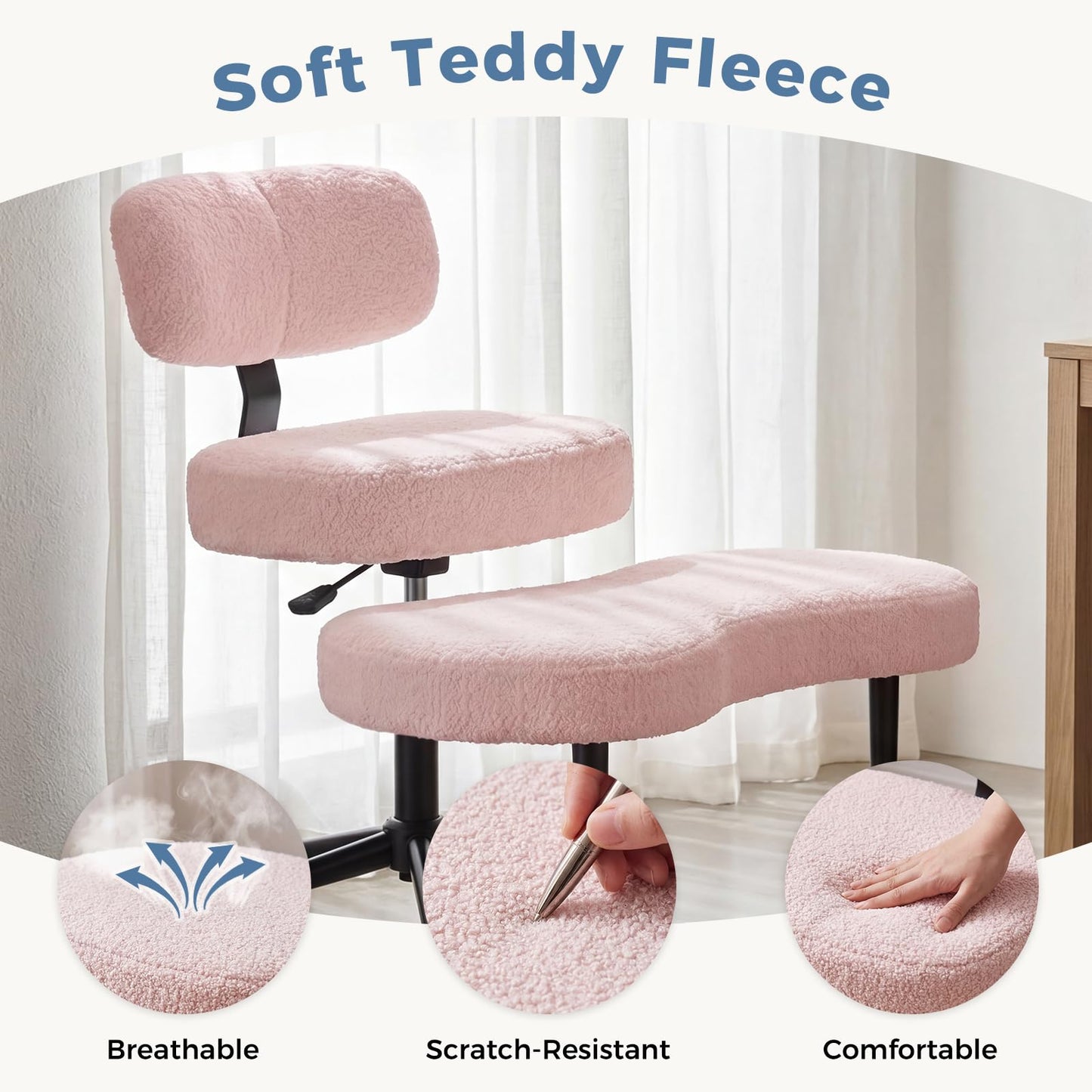 DUMOS Ergonomic ADHD Cross Legged Office Desk Chair with Adjustable Backrest, Height Adjustable Meditation Chair with 360° Swivel Footstool, Teddy Fabric Yoga Stool for Home Office, Pink