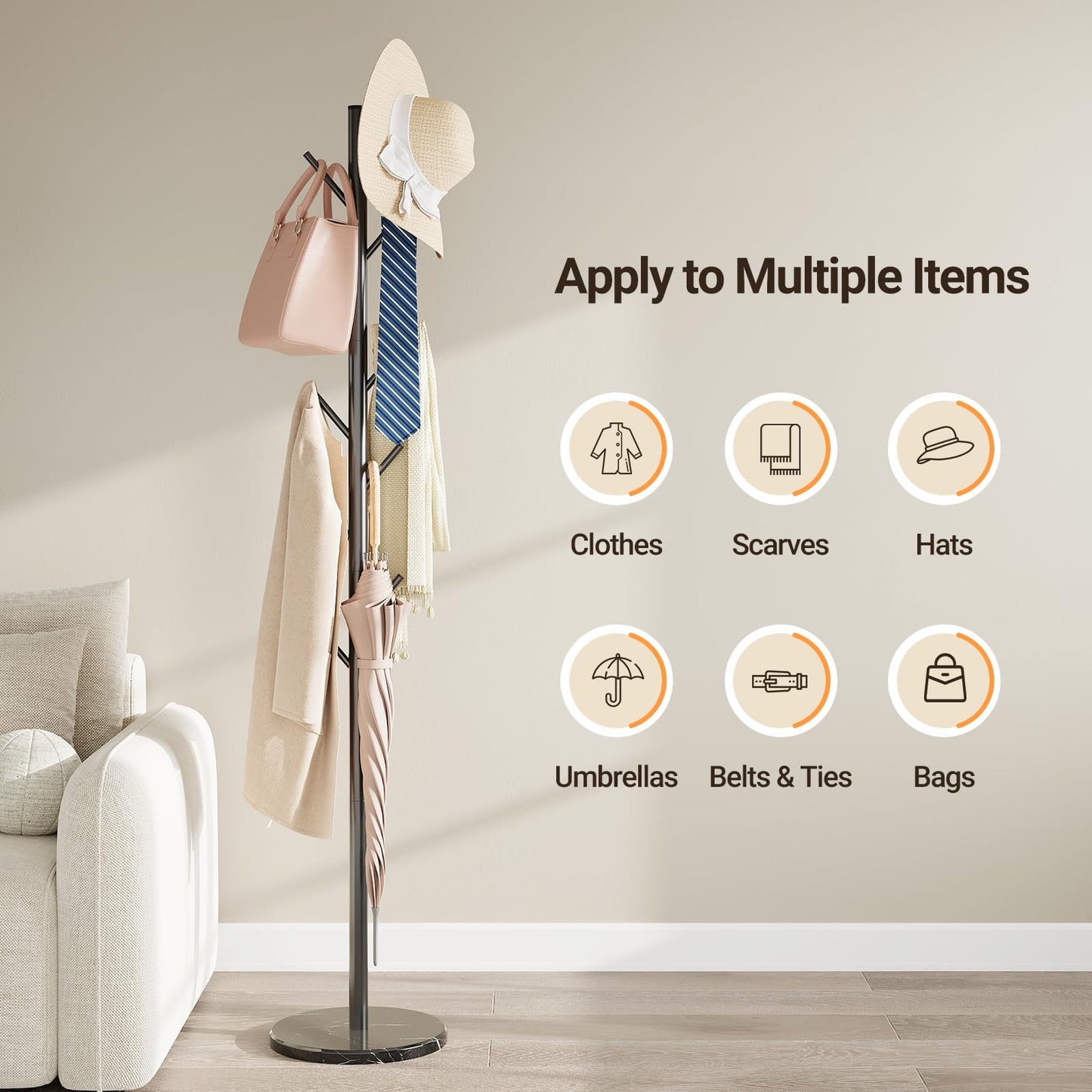 ELYKEN Coat Rack Freestanding with Natural Marble Base, Metal Coat Rack Stand with 10 Hooks, 3 Adjustable Size Coat Tree for Bags, Clothes, and Hats for Entryway, Bedroom, Hallway, Office, Black