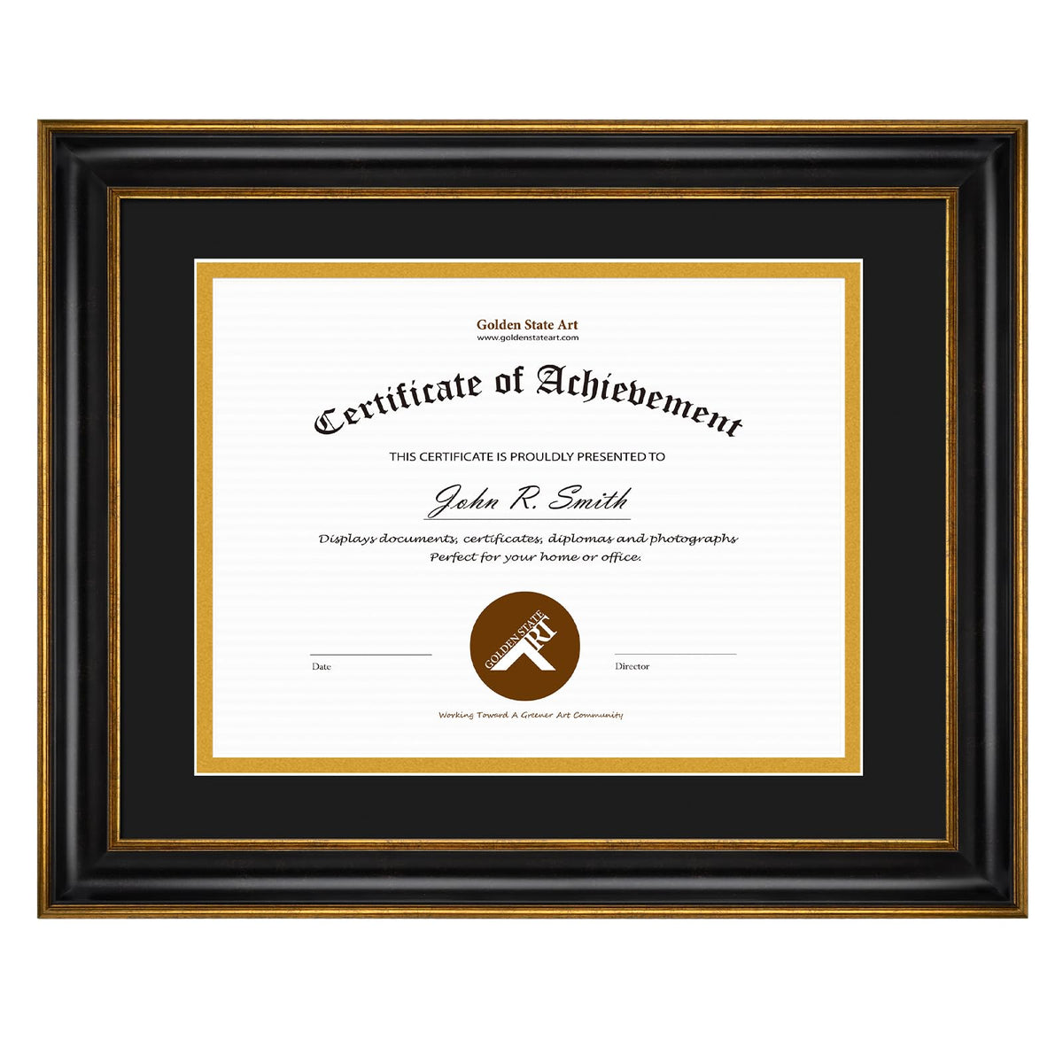 Golden State Art, 11x14 Vintage Antique Style Black Document Frame for 8.5x11 Diploma/Certificate, Sawtooth Hangers for Wall Mounting With Real Glass, Gold Trim (Black/Gold Double Mat)