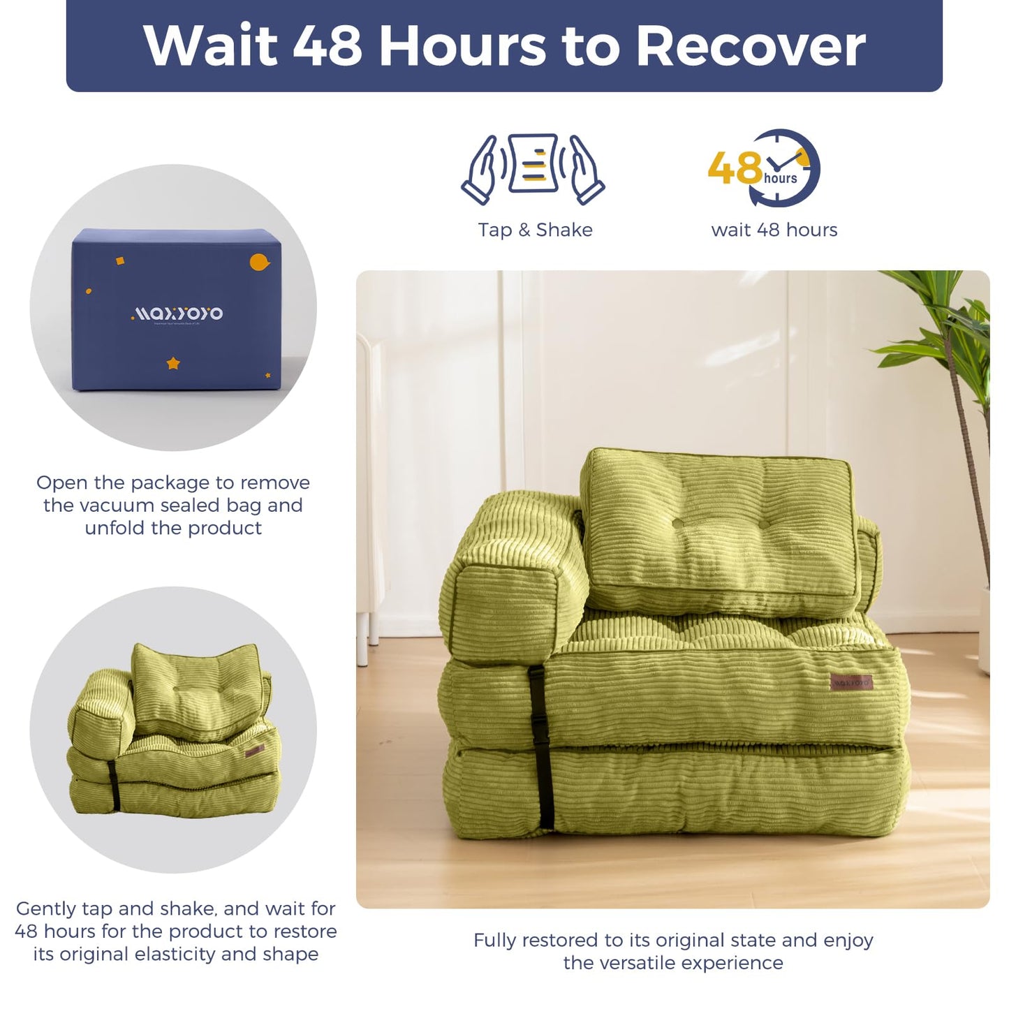 MAXYOYO Folding Sofa Bed, L-Shaped Convertible Sofa with Armrest Foldable Sleeper with Pillow, Portable Fold Out Chair Bed Comfy Floor Lounge for Living Room Bedroom, Green