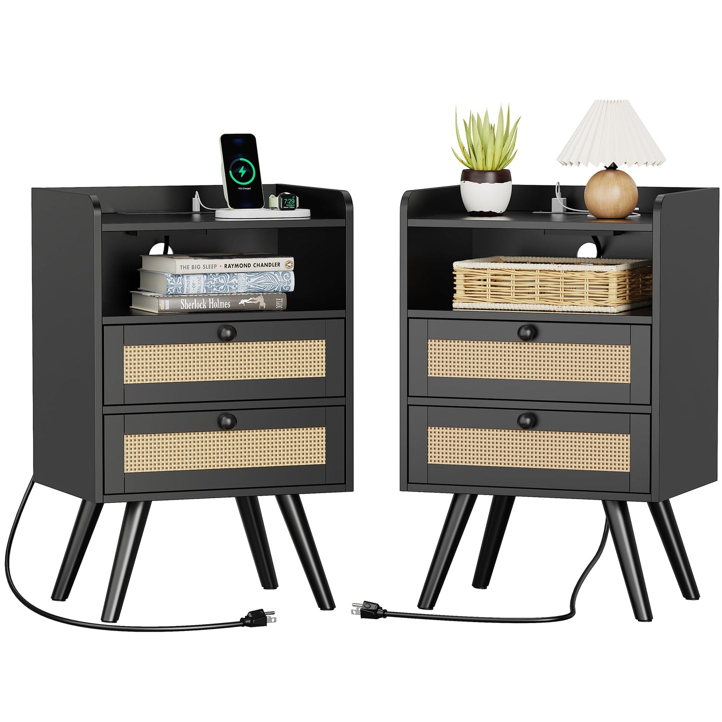 SUPERJARE 2 Drawer Night Stand with Charger Station, Boho Rattan Nightstand Set of 2, 25.2 Inch Tall Bed Side Table with Solid Wood Feet, End Table, Open Storage, Synthetic Rattan, for Bedroom, Black