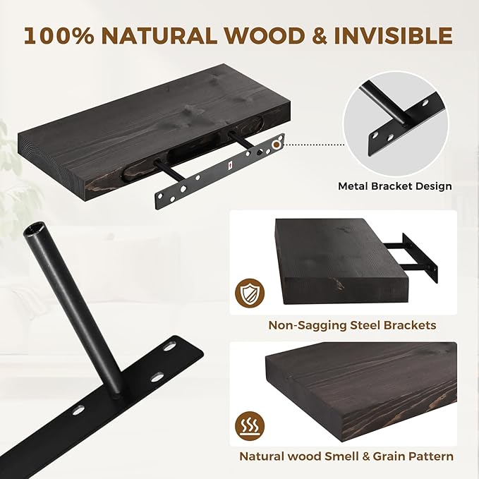17x8x1.6 inch Floating Shelves Set of 2 – Solid Wood Rustic Black Wall Mounted