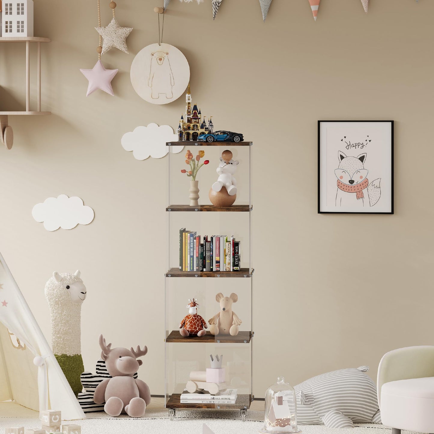 Sttoraboks 4 Tier Display Cabinet, Bookshelf, Bookcase, Display Shelf with Wheels, Floor Standing Curio Cabinet, Book Shelf with Acrylic and Wood, Display Case Trophy Case for Living Room Study