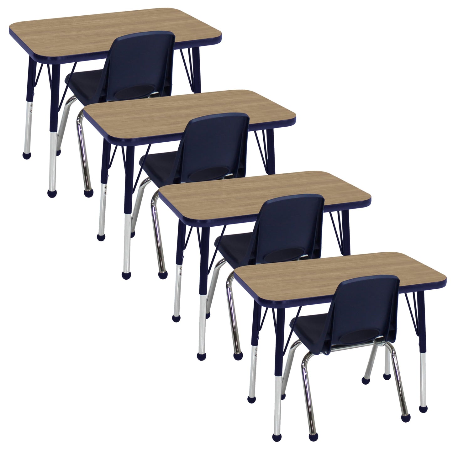FDP Rectangle (18 x 30 inch) Classroom Single Student Table with Adjustable Standard Ball Glide Legs (19-30 in) and 16" Navy Stack Chair with Ball Glides, 4-Piece - Pasadena Oak Top/Navy Edge and Legs