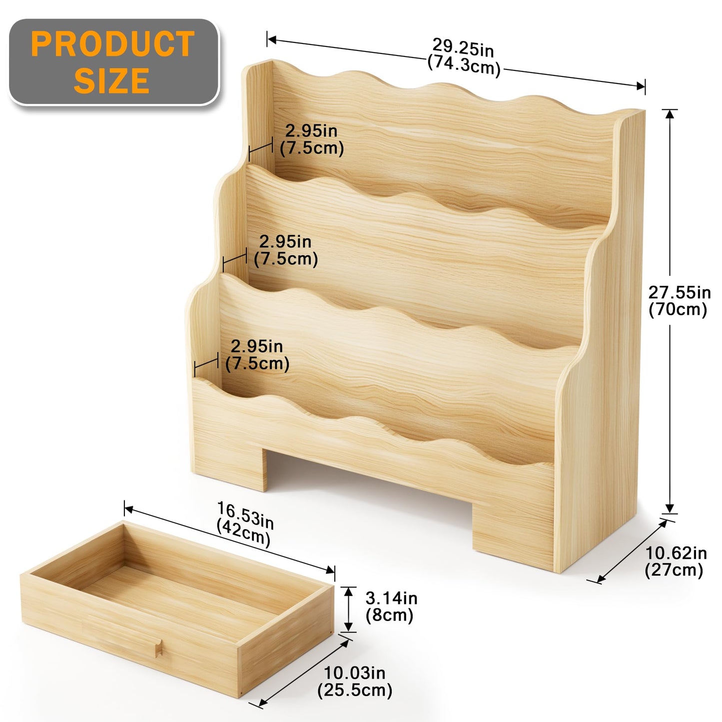 FIKSG 3-Tier Montessori Scalloped Kids Bookshelf, 29.6" Wide Natural Wood Forward Facing Bookcase for Toddlers, Children's Book Display and Organizer for Playroom, Nursery, Bedroom or Classroom