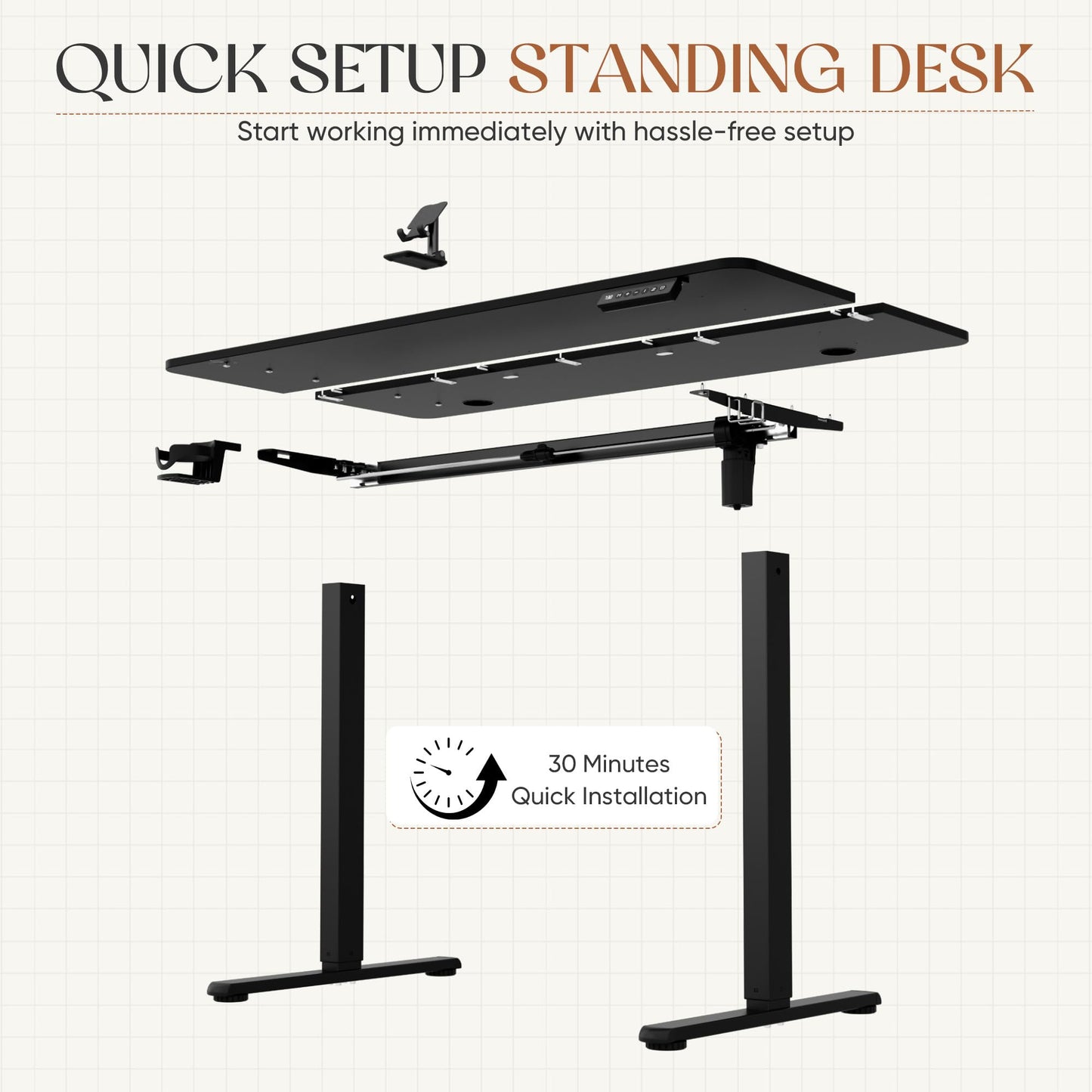 Furmax Electric Standing Desk, 45 x 24 Inches Height Adjustable Sit Stand up Desk, Memory Preset Computer Home Office Desks with Sturdy Metal Frame, Phone Stand Cable Management Hole (Black, 45'')