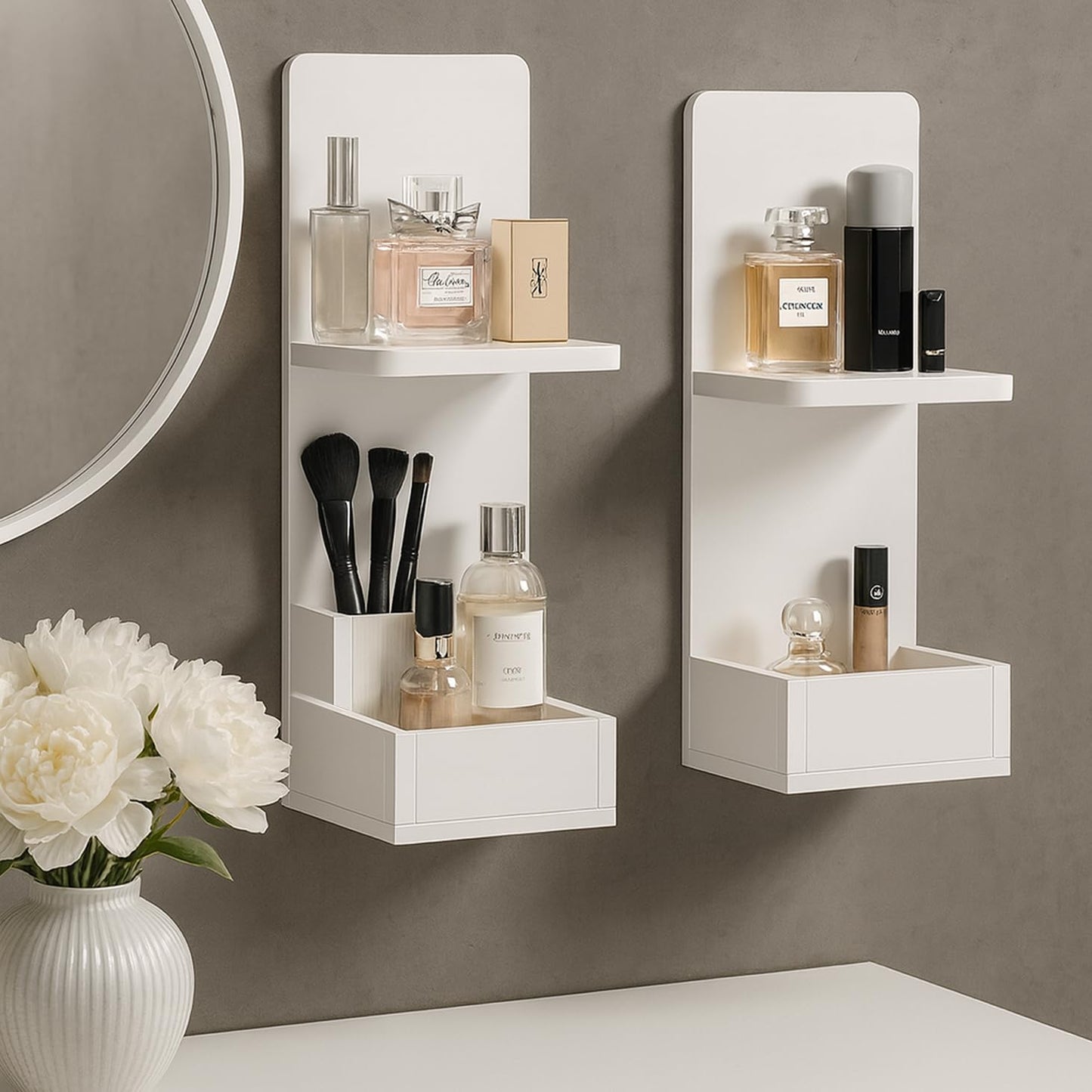 POCURBAN 2-Tier White Floating Wall Shelf, 20x8x6 Wall-Mounted Wooden Beside Shelf/Nightstand for Home Décor, Plants, Cosmetics, Bathroom, Kitchen, Bedroom Storage (White with Box)