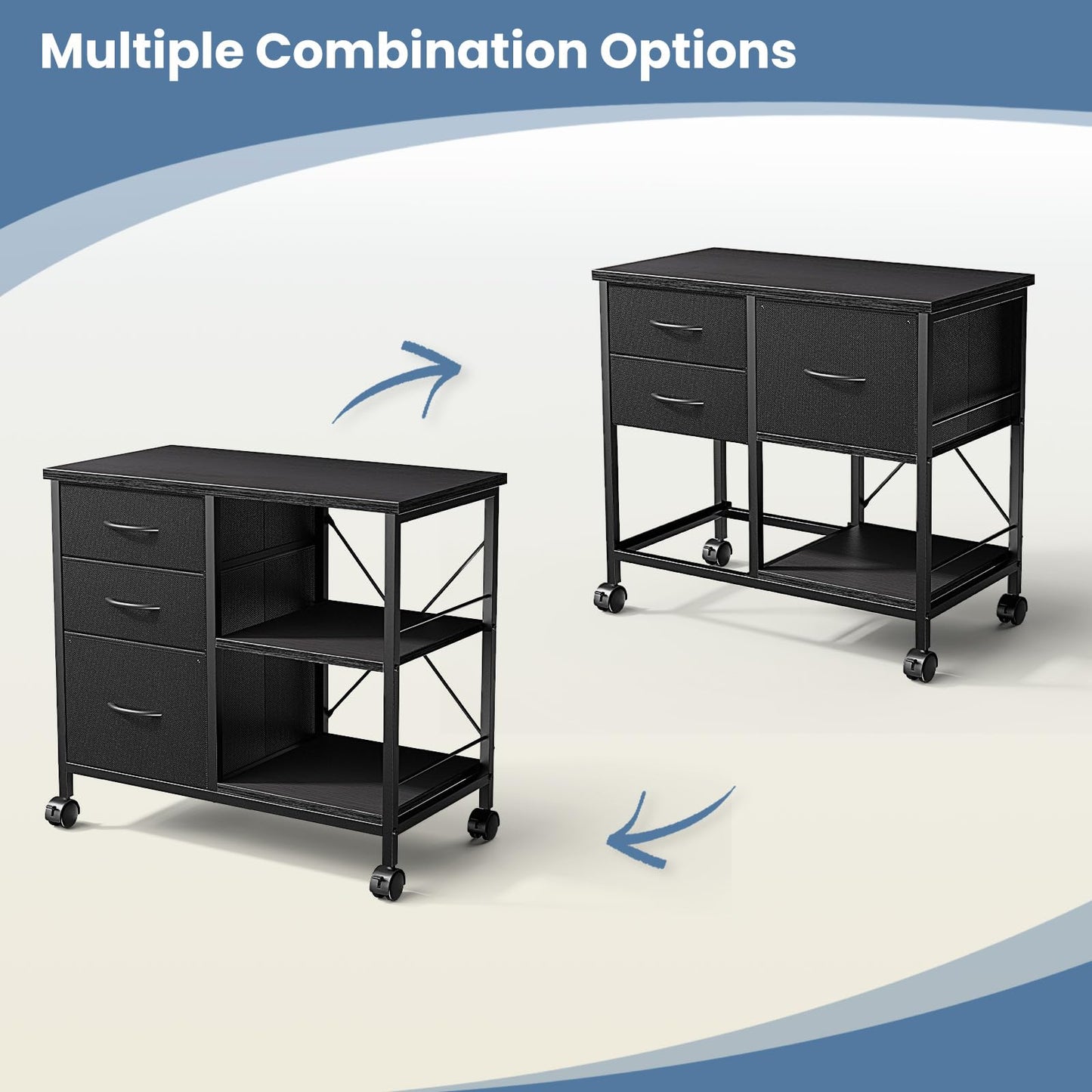 DUMOS 3 Drawer Mobile File Cabinet, Freestanding Fabric Lateral Filing Cabinet Fits A4/Letter Size, Space Saving Rolling Printer Stand with X-Frame and Open Storage Shelf for Home Office, Modern Black