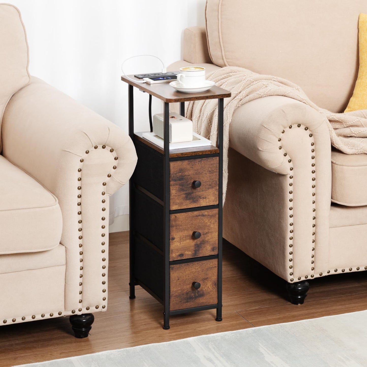 LOAKEKEL Narrow End Table Living Room with Charging Station, Skinny Side Table with Fabric Drawers, Slim Nightstand for Bedroom, Small Spaces, Couch, Brown, HETNDP03BR-1