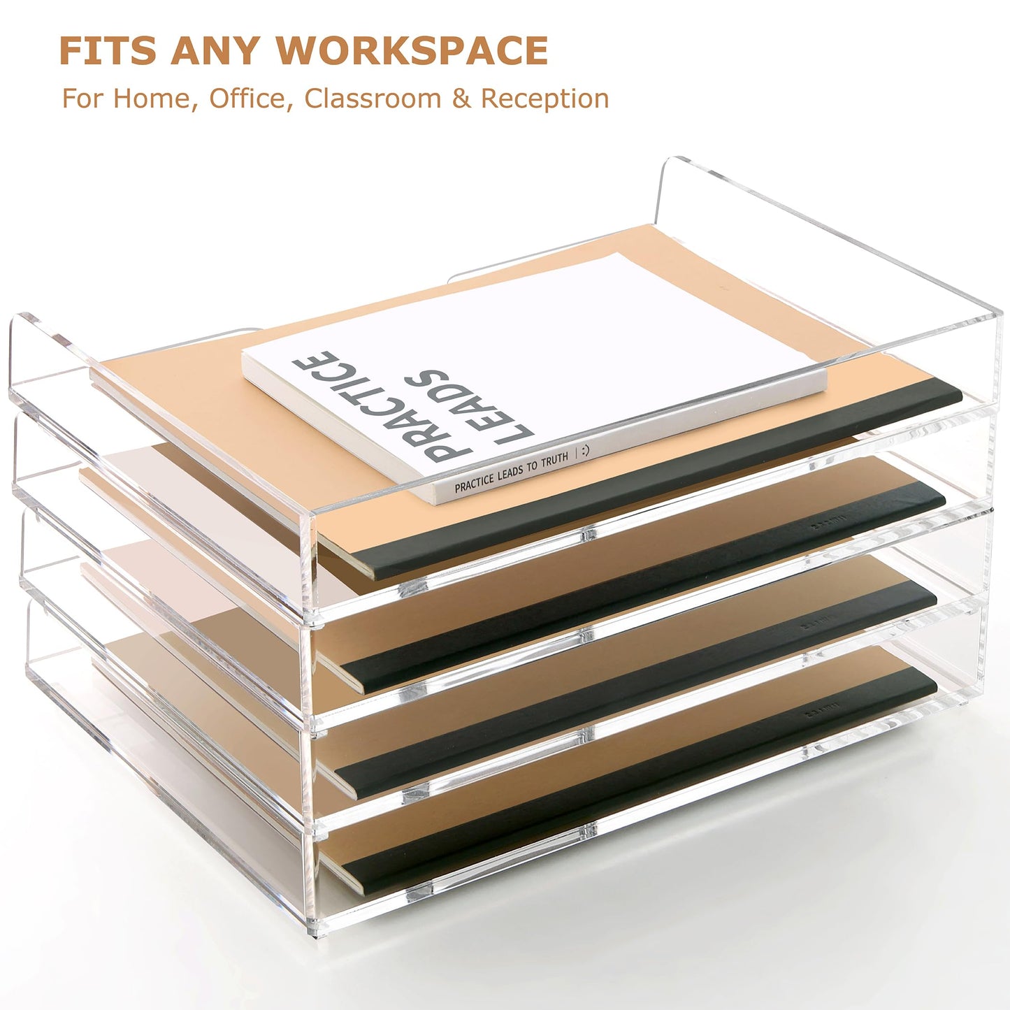SANRUI Clear Acrylic Paper Tray, 4 Tier Stackable Letter Trays Desk Organizer with Curved Design, Oversized Document File Holder for Home Office Classroom Desktop Storage