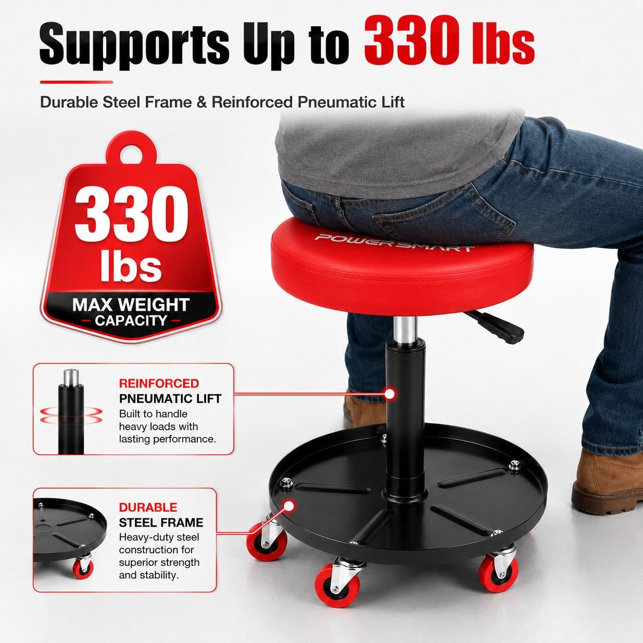 PowerSmart 360° Rolling Mechanic Stool with Tool Tray, Adjustable 18-23 Inches, 330 lbs Capacity, Comfortable & Durable for Garage/Shop Use