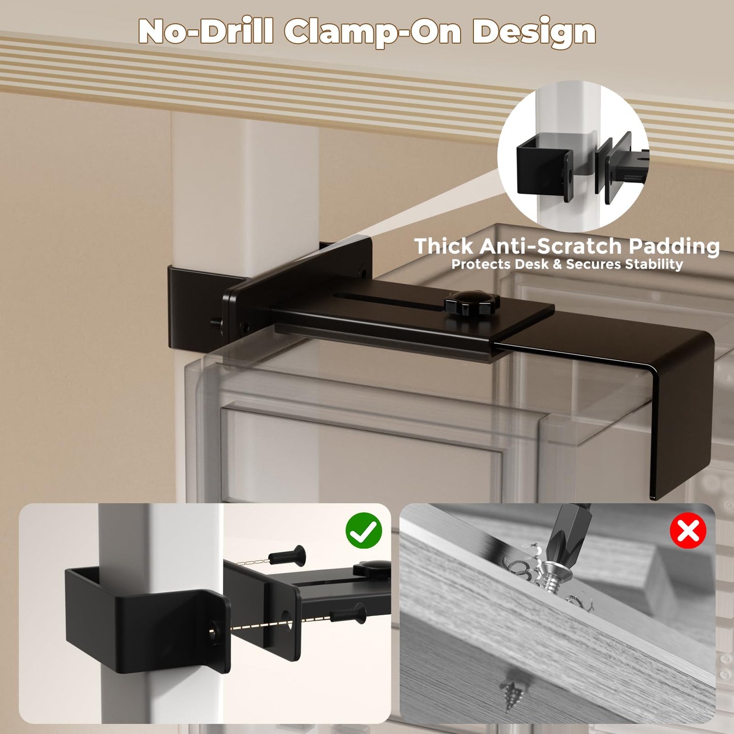 Under Desk PC Mount & CPU Holder, No-Drill Clamp-On Stand for Standing Desk (Fits 75x45mm Square Legs), Adjustable Steel Computer Tower Holder, Heavy-Duty 40lbs/18kg, Black