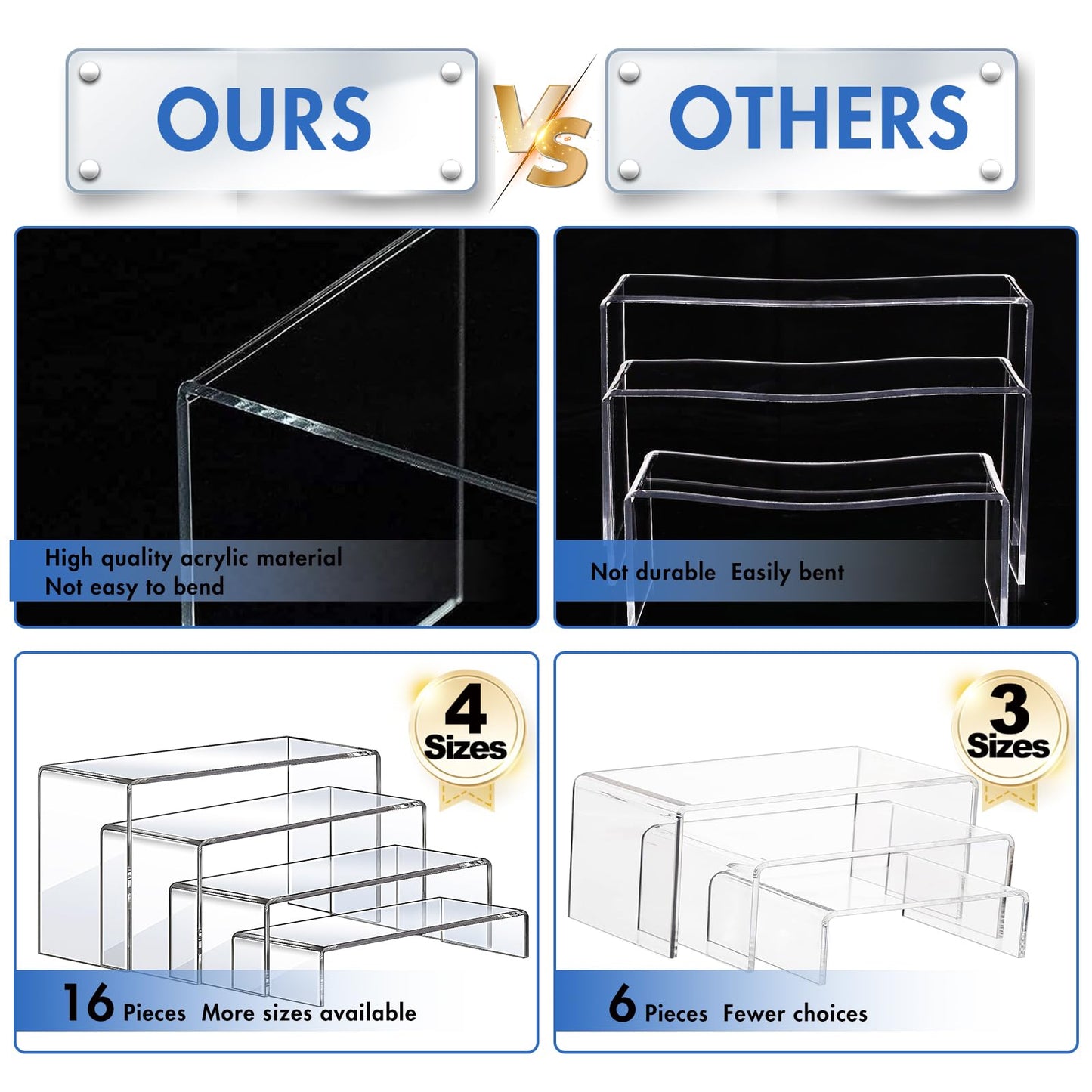 Aheroi Display Risers, 16 Pcs 4 Set(7”L~8”L~9”L) Acrylic Riser Display Shelf, Clear Risers Display Stands, Rectangular Acrylic Risers for Decor Display, Cupcake Candy Shoe Showcase Stands