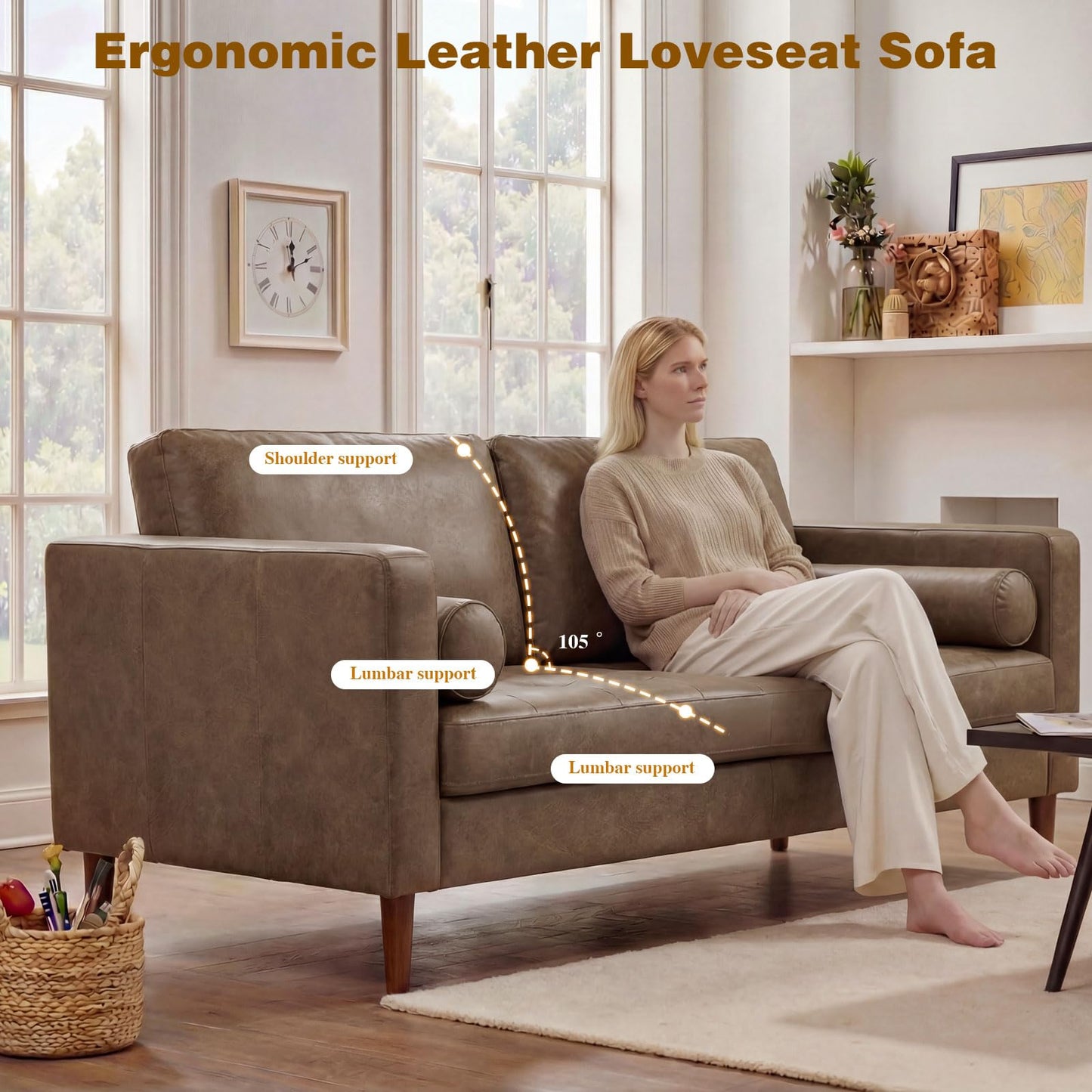 Meeyar 70" Mid-Century Modern Sofa Couch – Faux Leather Loveseat Sofa with Deep Seat & Solid Wood Frame – Includes 2 Accent Pillows –Dark Brown Living Room Bedroom Office