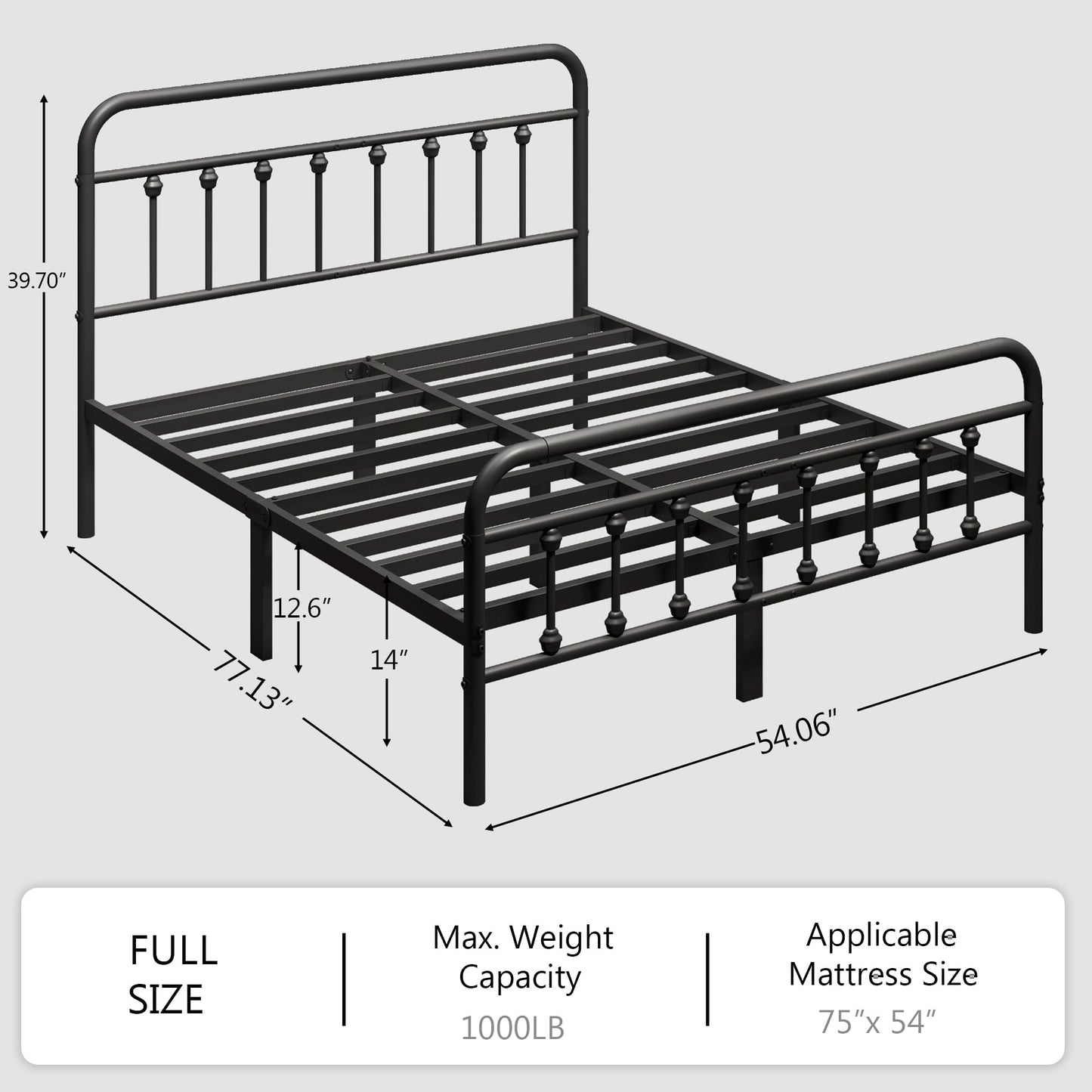 zunatu Full Size Metal Platform Bed Frame/Victorian Style Headboard and Footboard/Steel Slat Support/Easy Assembly/No Box Spring Needed/Underbed Storage/Noise Free/Black