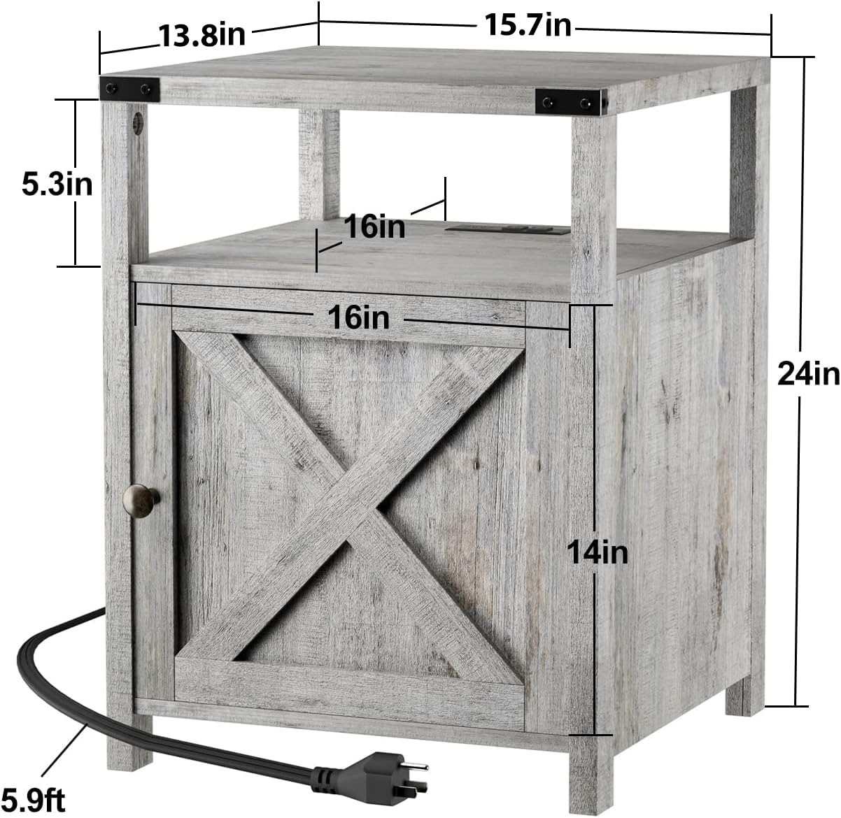 HOSEOKA Farmhouse Nightstand Set of 2 with Charging Station, Rustic End Table Bedroom with Storage Living Room Side Table Grayish White Night Stand Industrial Bedside Table