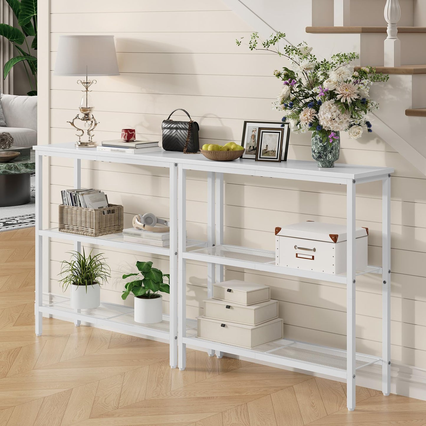 HOOBRO 29.5" Narrow Console Table, 3 Tier Entryway Table with Shelves, Thin Sofa Table, Behind Couch Table, Display Side Table, for Hallway, Entrance, Living Room, White WW73XG01