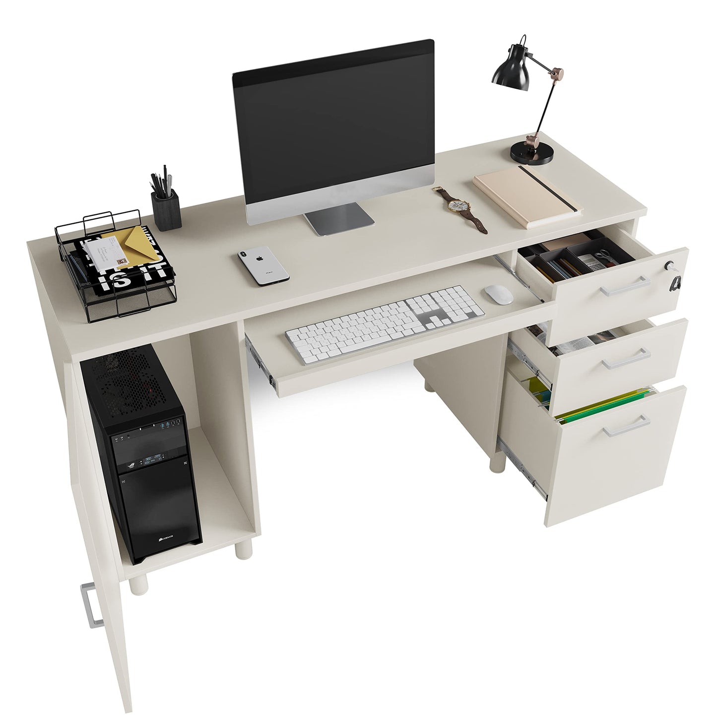 Modern Design Venice Computer Office Desk with 3 Locking Drawers and Storage Cabinet, 53 Inch Home and Office Executive White Desk with Keyboard Tray by Crafts and Comfort