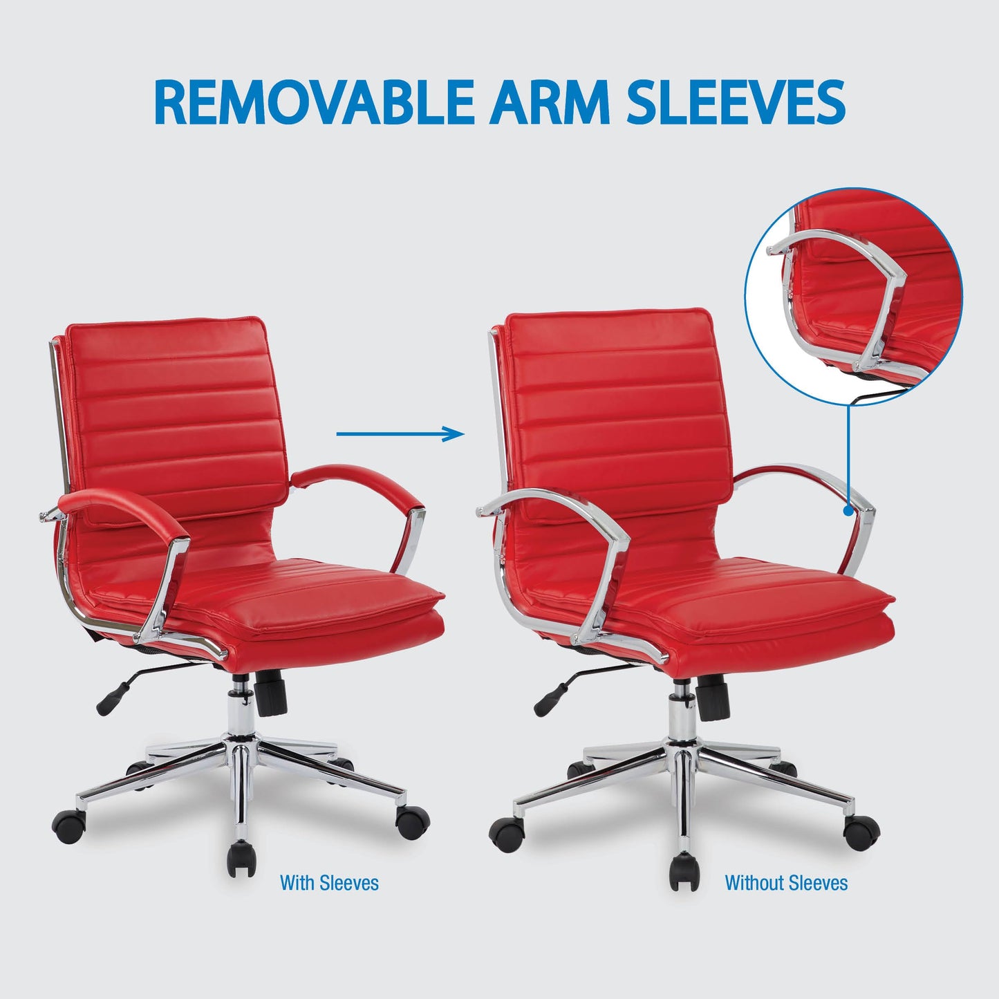 Office Star SPX Professional Ergonomic Ribbed Faux Leather Office Chair with Chrome Base, Mid Back Manager's Chair with Loop Arms, Red