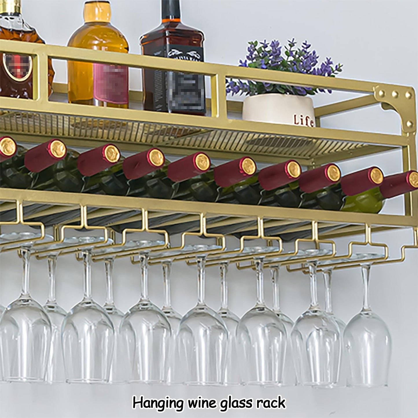 WXPWAMZ Wall Mounted Wine Rack - Black Metal Floating Bar Shelf for Wine Bottles & Glasses Stylish Wine Storage Solution for Home Kitchen Cafe and Bar (80x25x14cm)