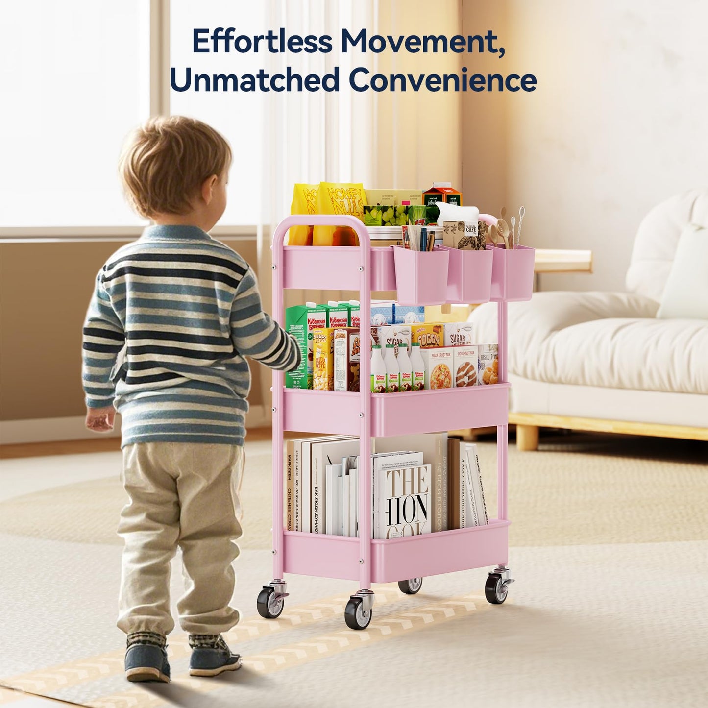 YASONIC 3-Tier Metal Rolling Cart, Heavy Duty Utility Cart with Lockable Wheels, Hanging Cups, Hooks, Mesh Rolling Storage Cart Craft Organizer, Lightweight and Sturdy, Pink