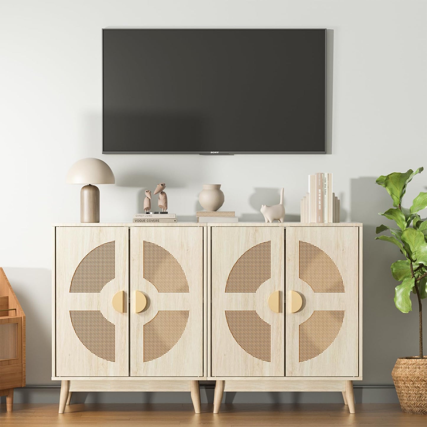 TOOBVEST Buffet Cabinet with Storage Sideboard Accent Modern Credenza with Doors & Shelves 32.9" Rattan Media Console Mid Century Coffee Bar Table for Living Room Kitchen Dining Room Hallway