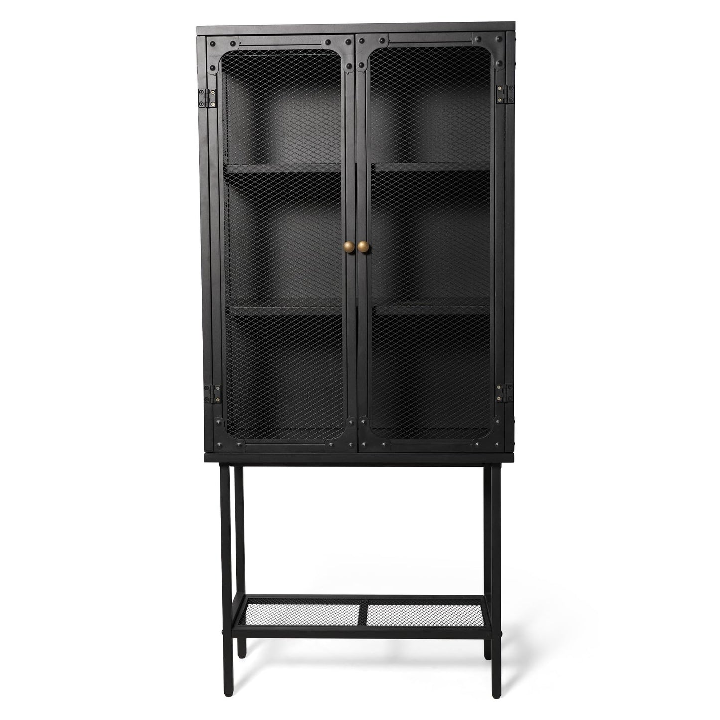 LOKKHAN Industrial Metal Display Cabinet, Black Mesh Door Storage Unit with Retro Handles, 59.1 x 27 x 12.6 Inch Tall Standing Shelving, Magnetic Holders, Adjustable Feet