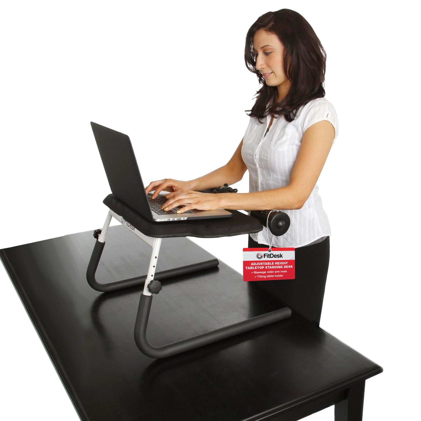 FitDesk Portable Standing Desk Converter with Massage Rollers & Forearm Supports, Adjustable Height Workstation 11" to 20", Ergonomic Stand-Up Desk with Non-Scratch Grip Legs, White