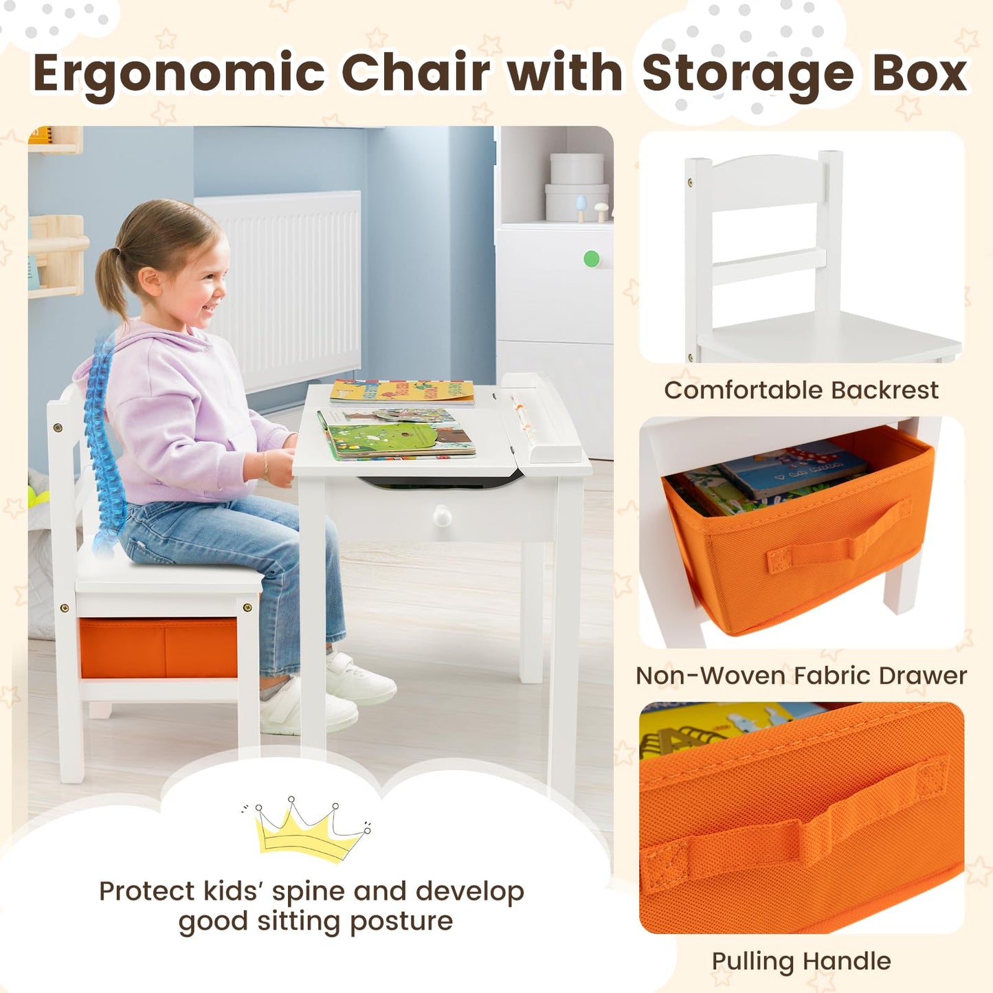 HONEY JOY Kids Table and Chair Set, Wooden Lift-Top Desk & Chair with Storage, Safe Hinged Lid, Activity Table Set for Craft Art, 2-Piece Children Furniture Set for Daycare, Kindergarten(White)