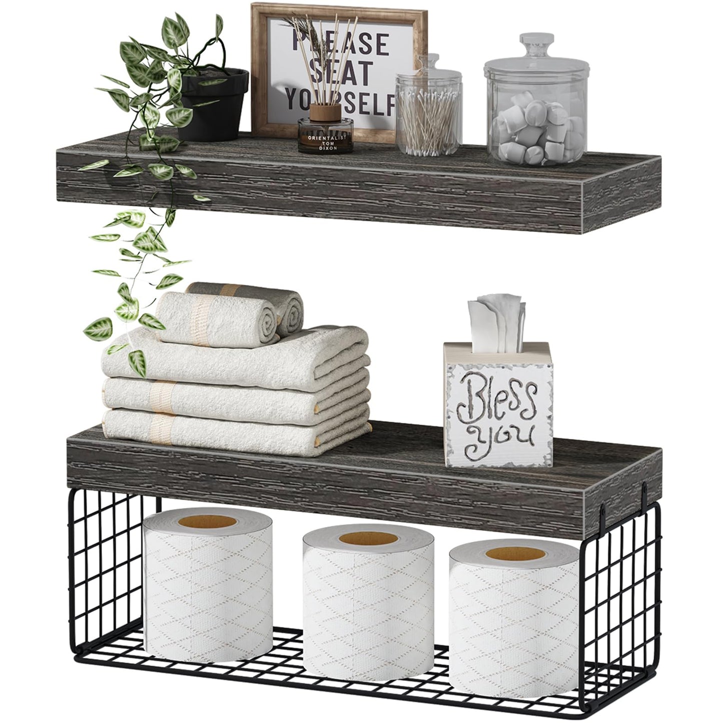 QEEIG Bathroom Shelves Over Toilet - Wall Mounted Floating Shelves Toilet Paper Storage Small Farmhouse Decor Shelf 16 inch Set of 2, Grey (019-GY2)