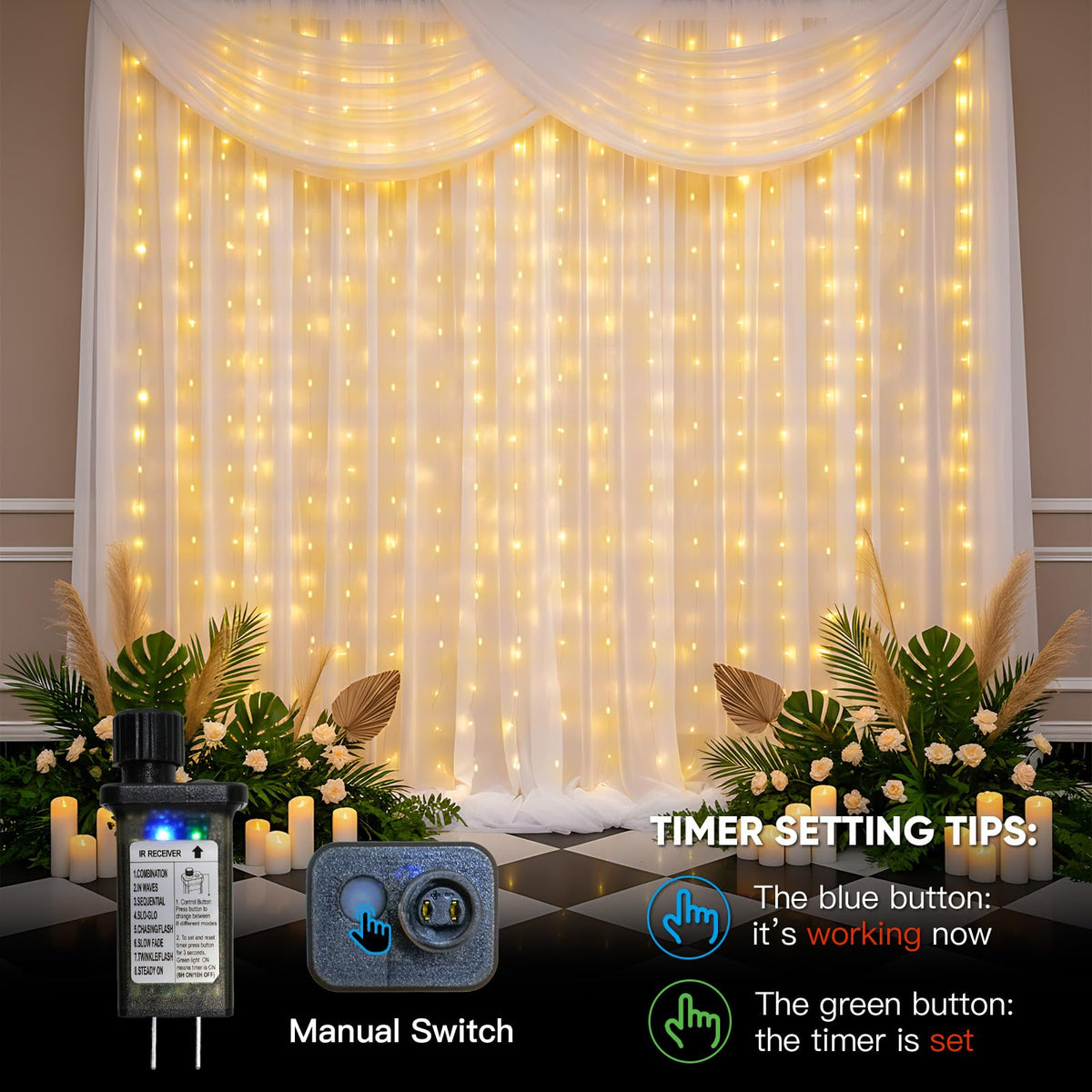 suddus Tangle-Free Curtain Lights,400 LED Connectable Hanging Lights with Hook, Waterproof Window Lights for Christmas, Dorm, Wall, Backdrop, Wedding, Party, Birthday Decor, Warm White