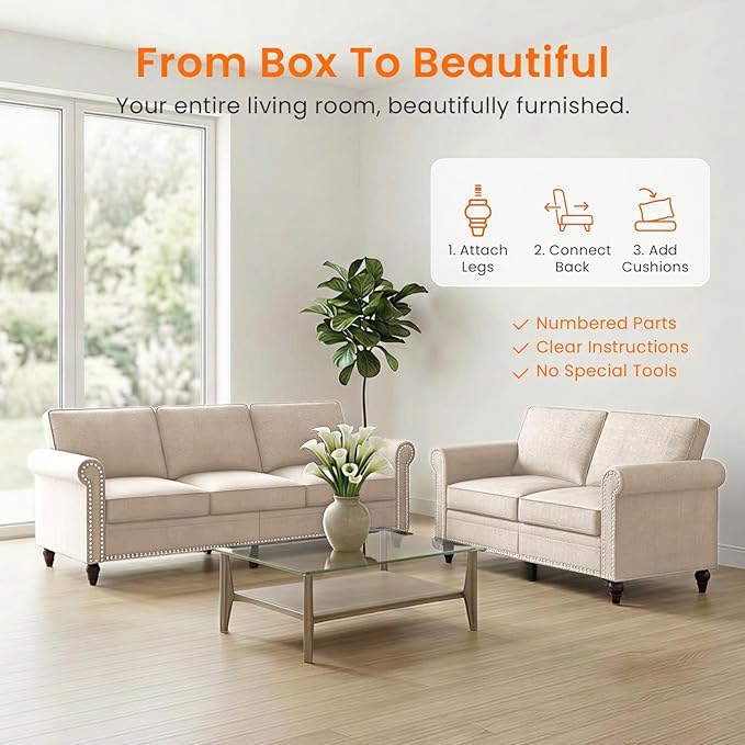 Living Room Sofa Sets 2 Piece, Modern 3 Seater Sofa and Loveseat Couch Sets