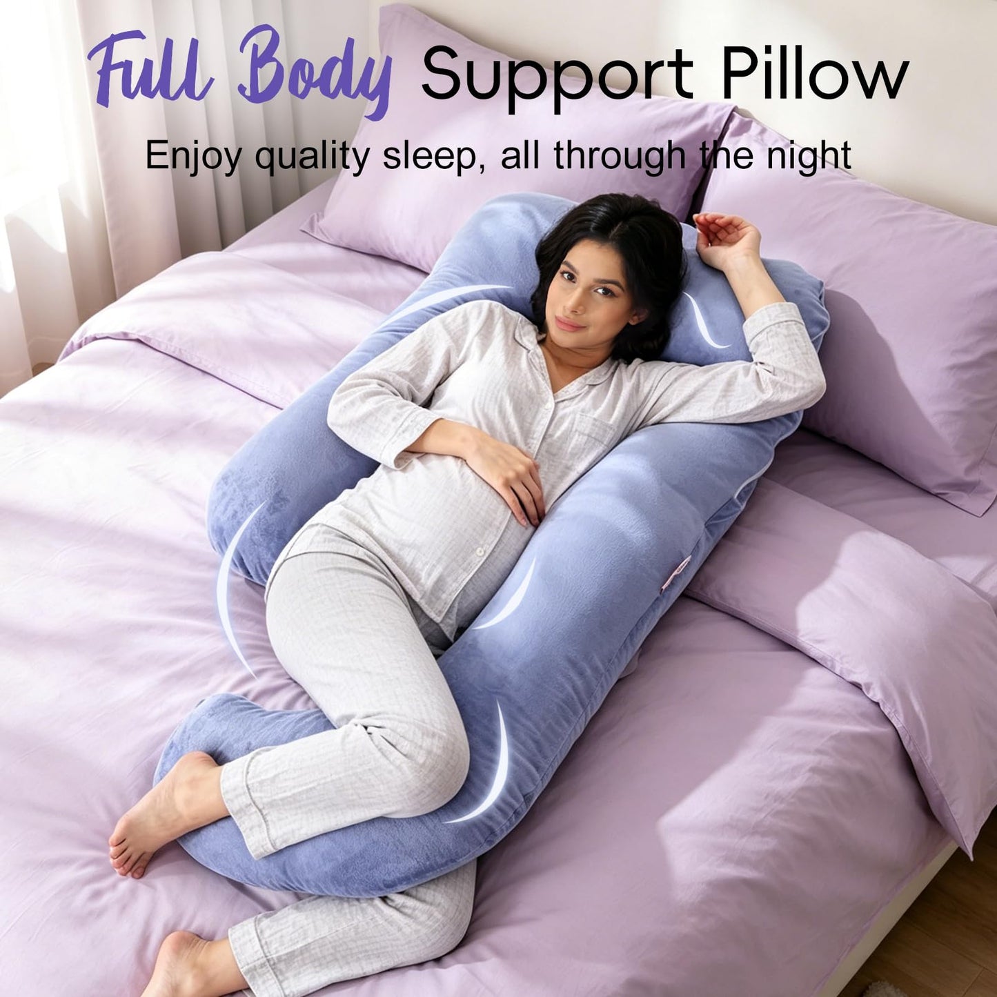 EZMOM Pregnancy Pillow for Sleeping, Soft 57“ Full Body Maternity Pillow, U Shaped with Removable Washable Cover, Support for Back, Belly, Leg, Hip, Neck & Shoulder, Purple