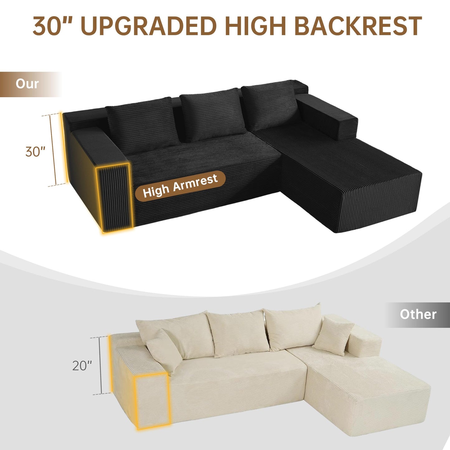 Nigoone 103" Cloud Sectional Sofa, Boneless L-Shape Couch with Chaise, Modern Minimalist Modular Couch for Living Room, Free Combination, Deep Seat, No Assembly Required, Premium Corduroy, Black, R