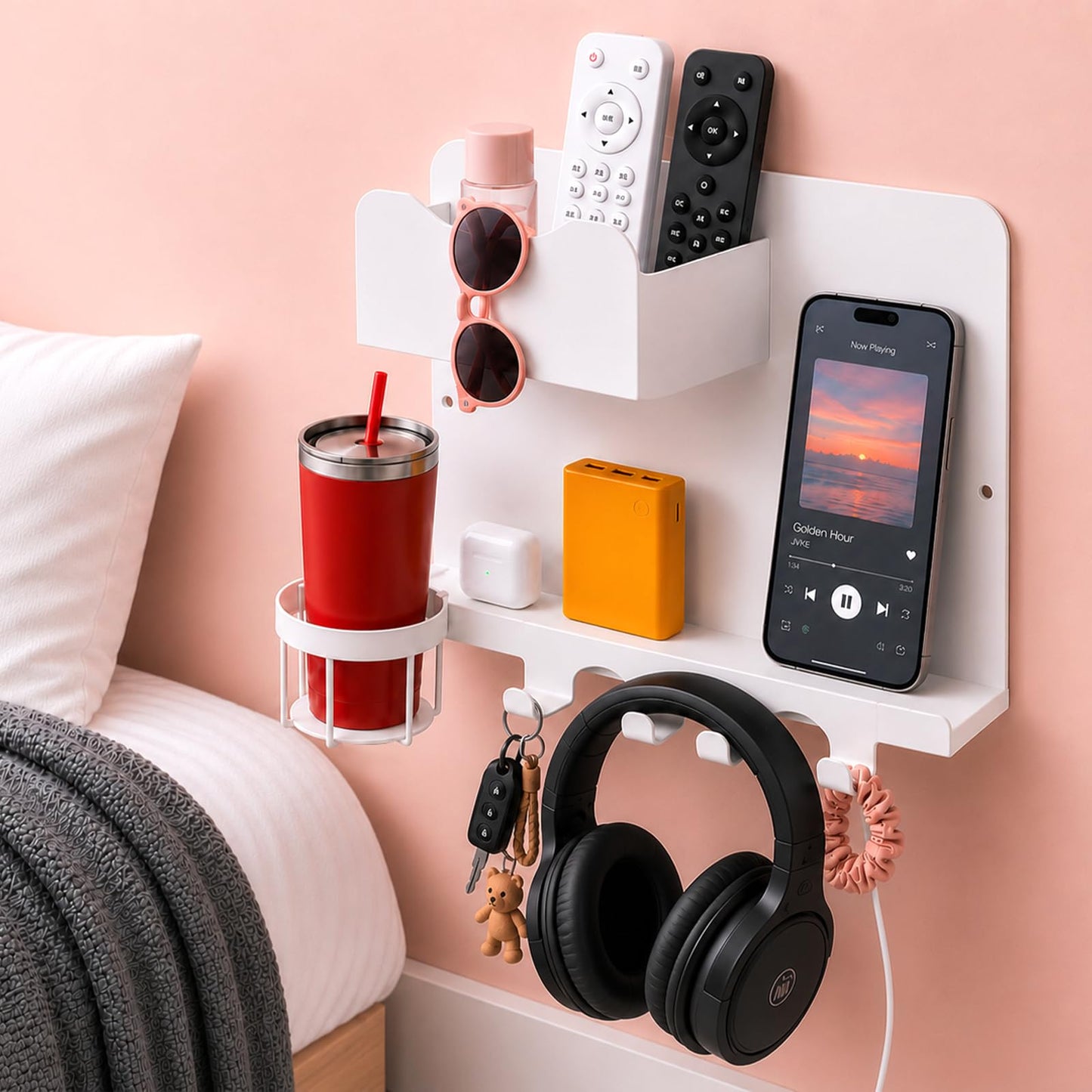 Metal Bedside Wall Shelf, No Drill Floating Bedside Shelf Wall Organizer