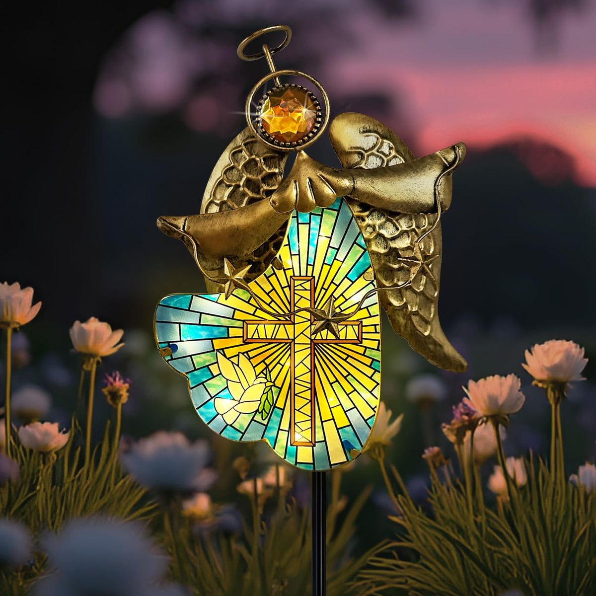 Hokfirm Solar Cross for Cemetery Grave,Metal Angel Garden Stake Pathway Light for Yard Patio Cemetery,Solar Angel Garden Decor Statue for Outside,Memorial Gifts for Women
