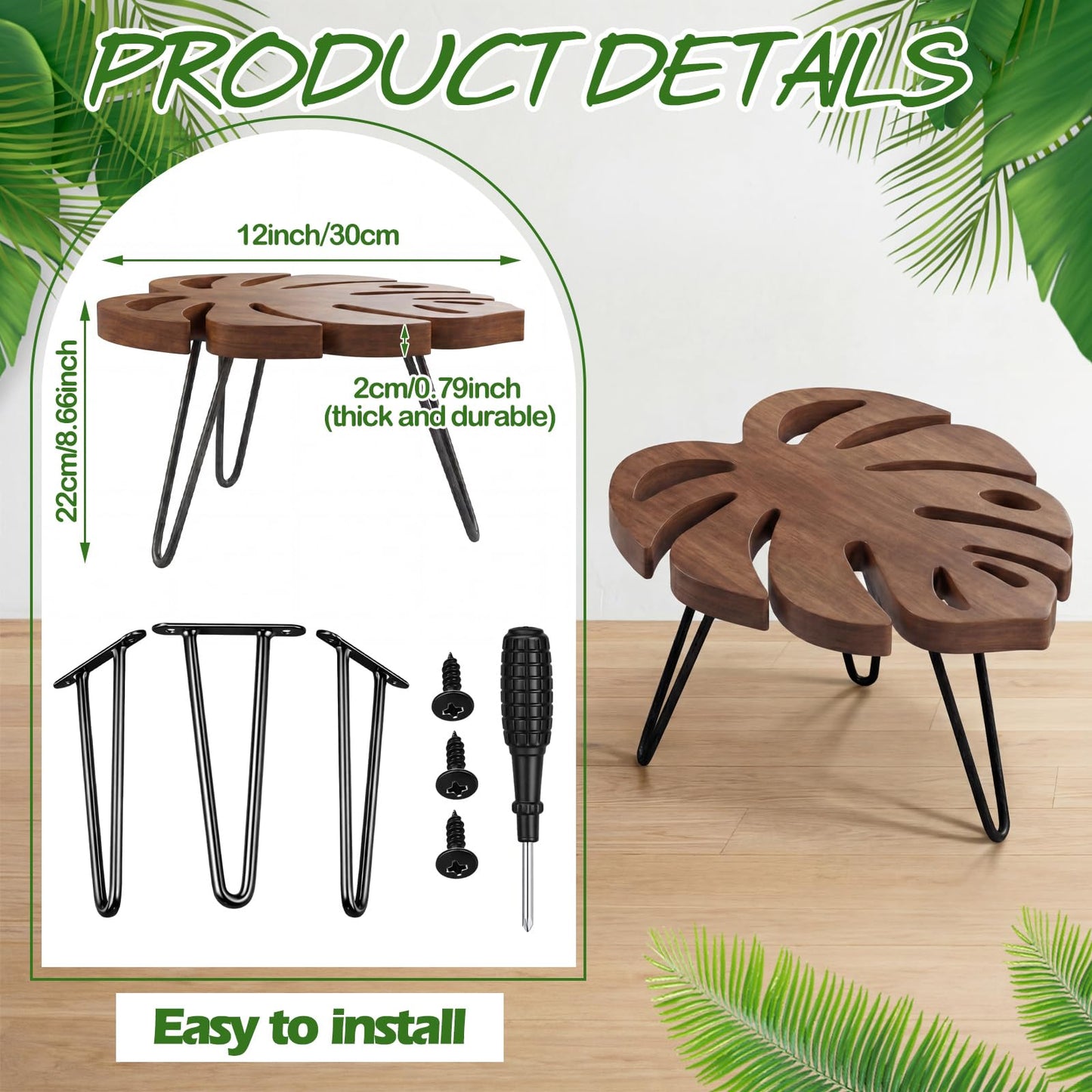 Novabright Monstera Leaf Short Plant Stand Small Wooden Plant Stool Stand Risers Pedestal Display Decorative for Flower Indoor Outdoor Rustic Farmhouse Table Balcony Home Office Bedroom Decor